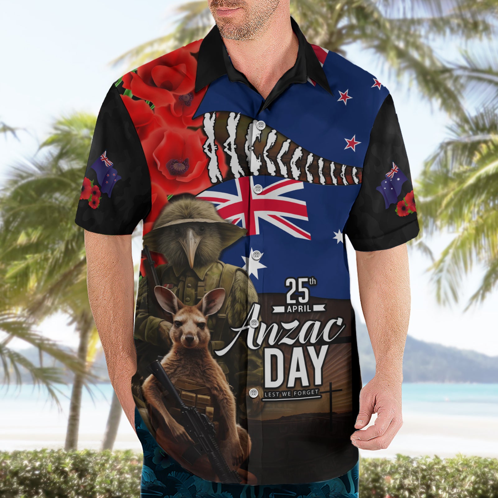 New Zealand and Australia ANZAC Day Hawaiian Shirt National Flag mix Kiwi Bird and Kangaroo Soldier Style