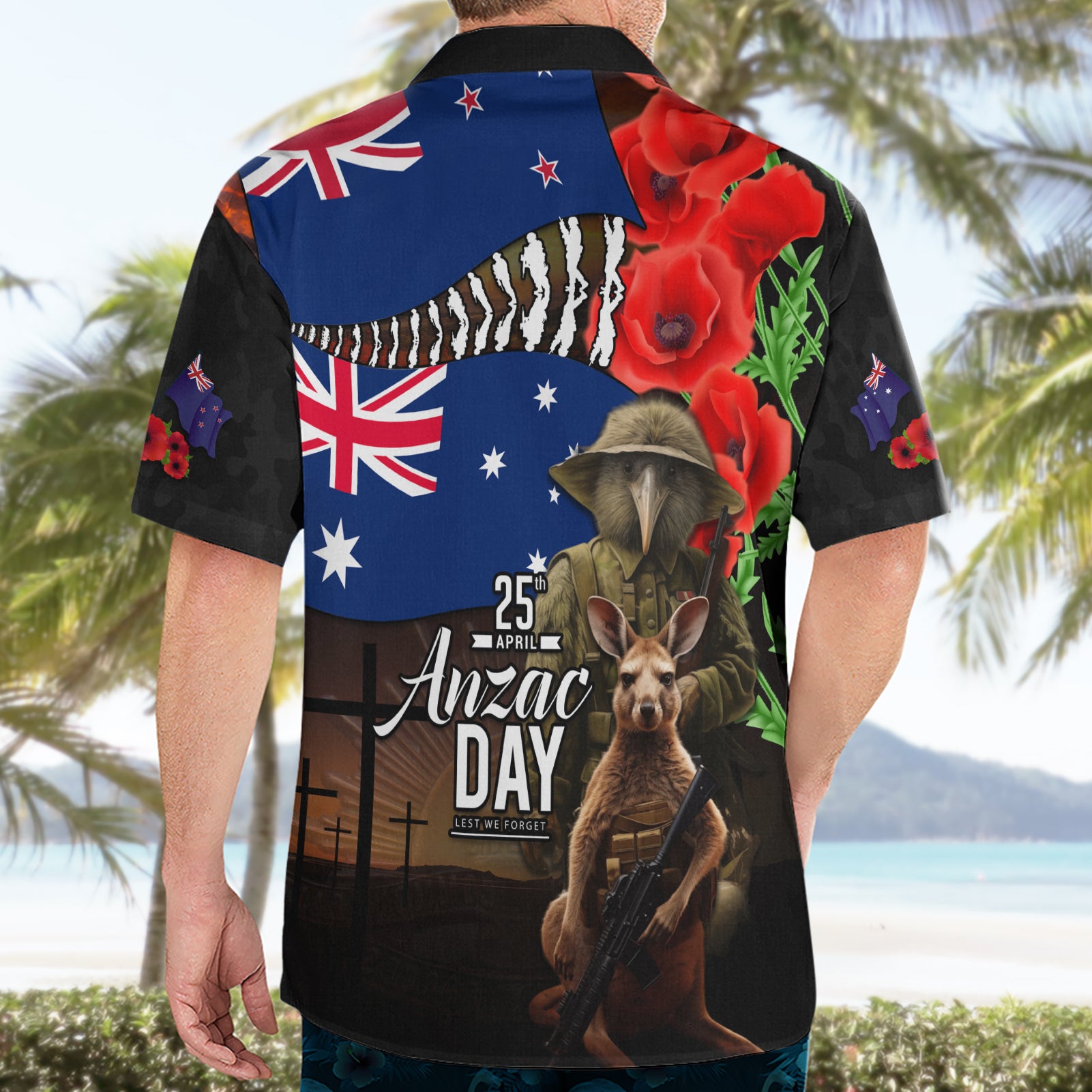 New Zealand and Australia ANZAC Day Hawaiian Shirt National Flag mix Kiwi Bird and Kangaroo Soldier Style