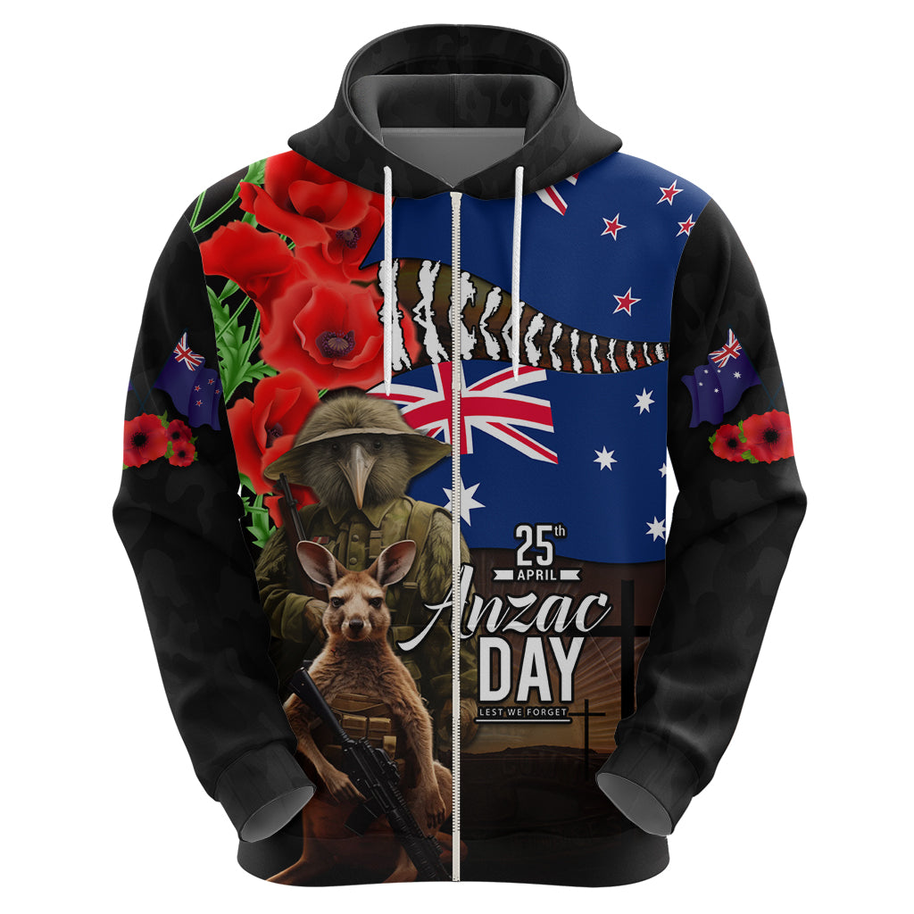 New Zealand and Australia ANZAC Day Hoodie National Flag mix Kiwi Bird and Kangaroo Soldier Style