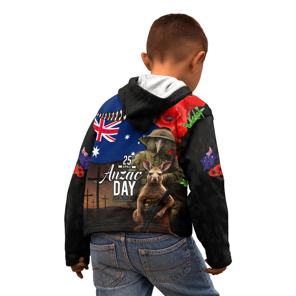 New Zealand and Australia ANZAC Day Kid Hoodie National Flag mix Kiwi Bird and Kangaroo Soldier Style