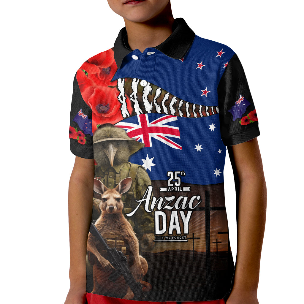 New Zealand and Australia ANZAC Day Kid Polo Shirt National Flag mix Kiwi Bird and Kangaroo Soldier Style