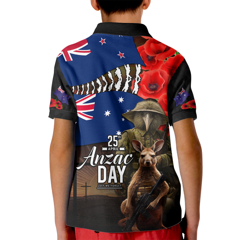 New Zealand and Australia ANZAC Day Kid Polo Shirt National Flag mix Kiwi Bird and Kangaroo Soldier Style