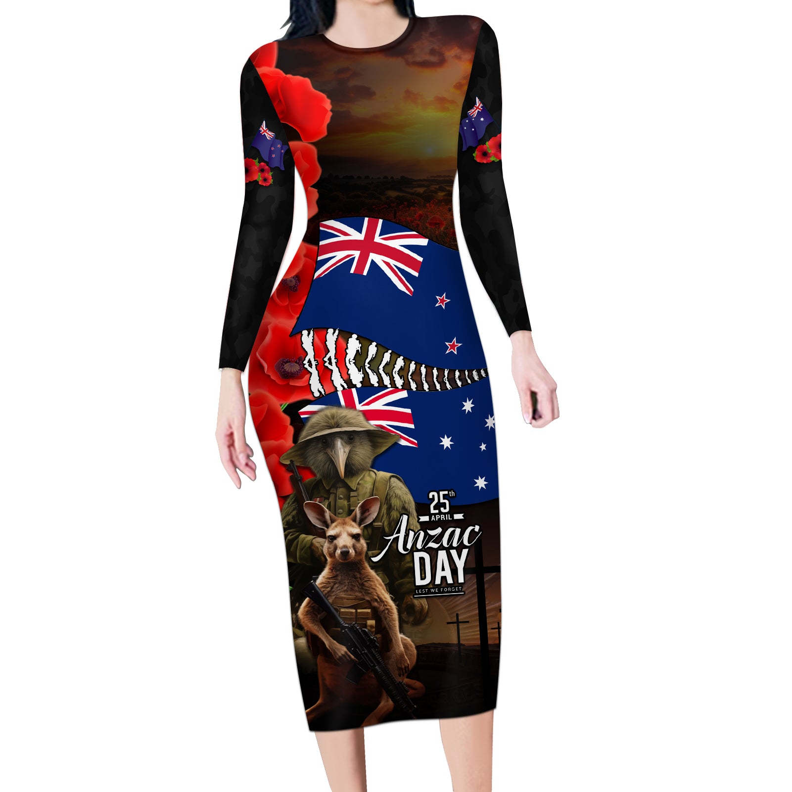 New Zealand and Australia ANZAC Day Long Sleeve Bodycon Dress National Flag mix Kiwi Bird and Kangaroo Soldier Style