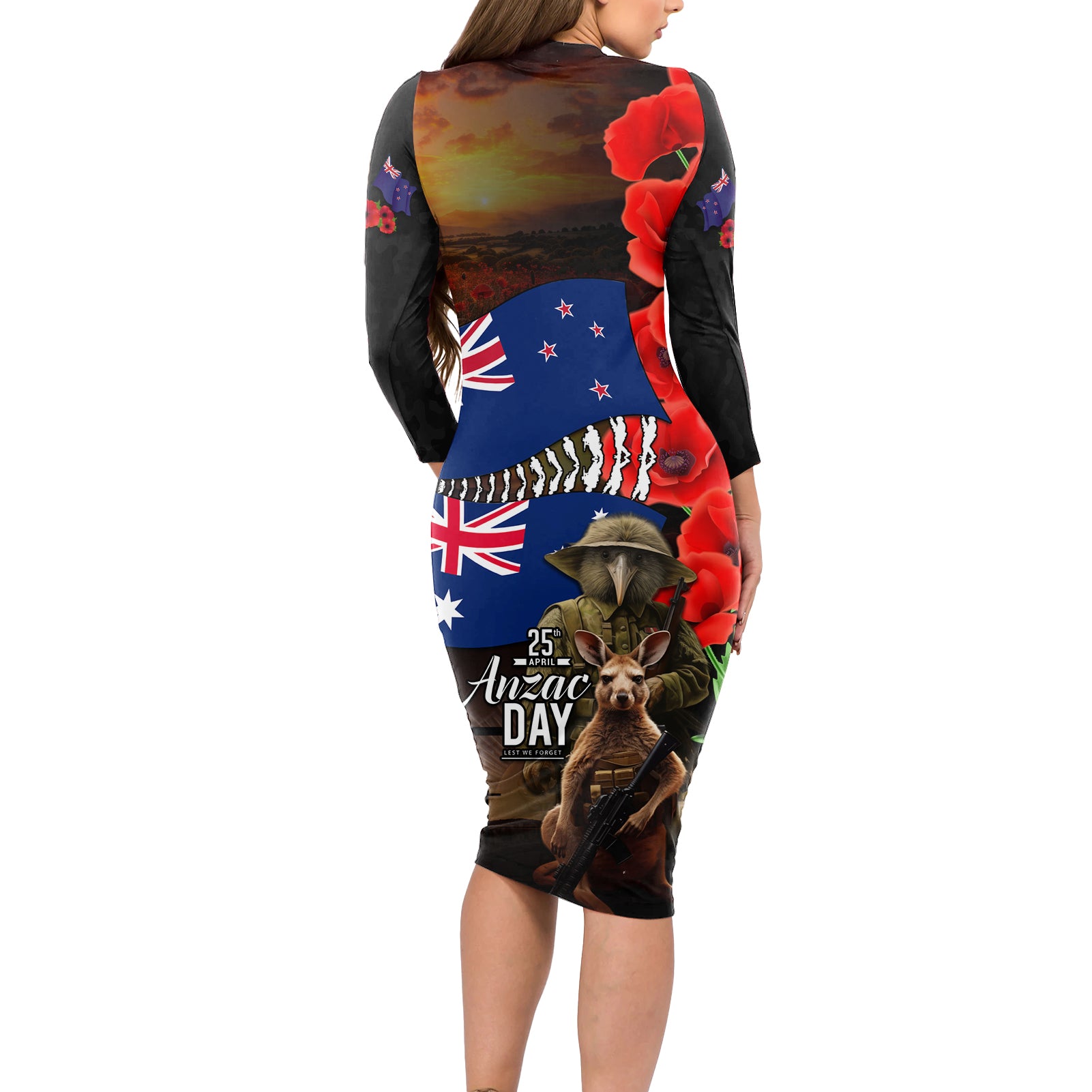 New Zealand and Australia ANZAC Day Long Sleeve Bodycon Dress National Flag mix Kiwi Bird and Kangaroo Soldier Style
