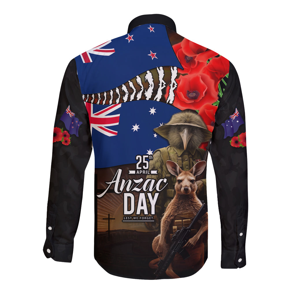 New Zealand and Australia ANZAC Day Long Sleeve Button Shirt National Flag mix Kiwi Bird and Kangaroo Soldier Style