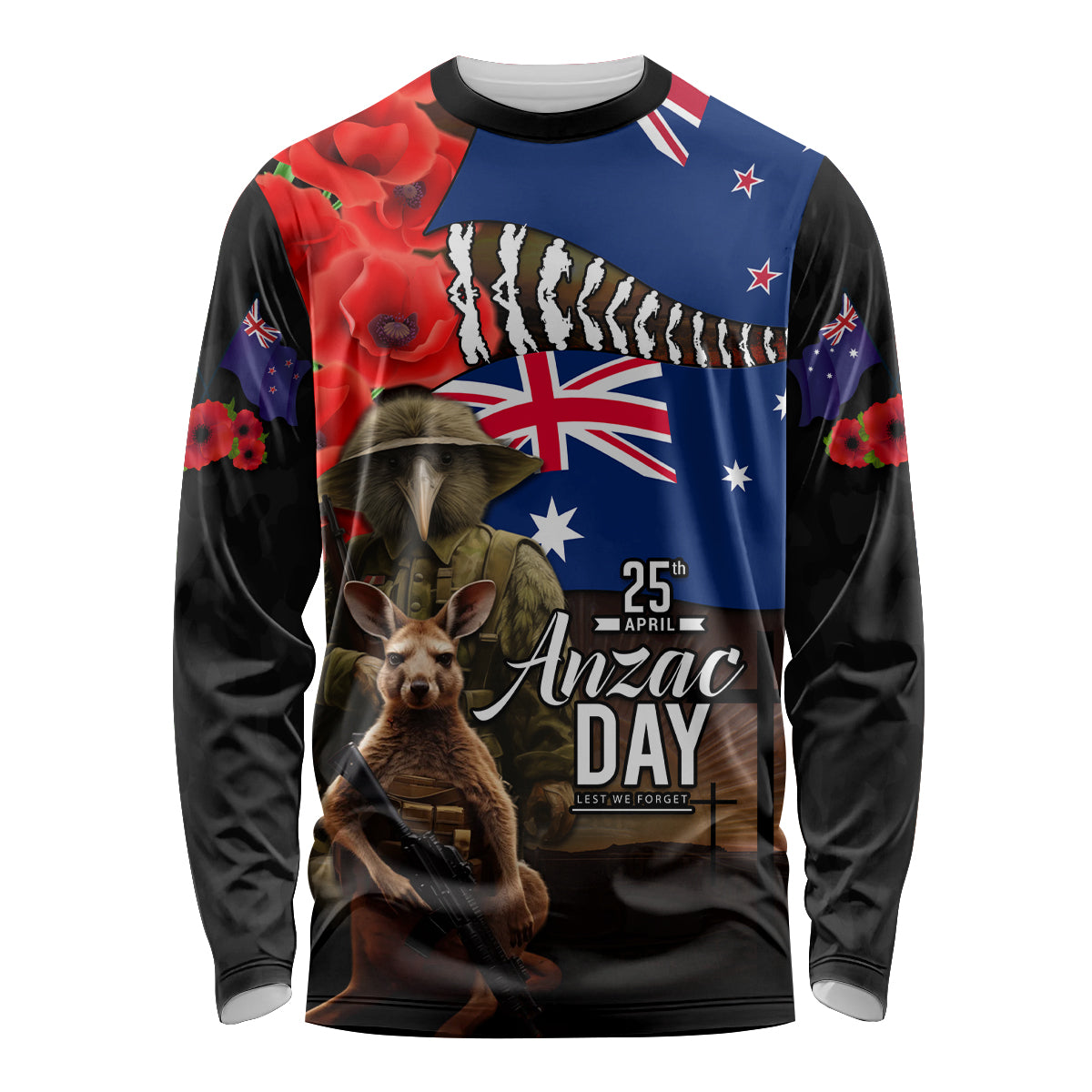 New Zealand and Australia ANZAC Day Long Sleeve Shirt National Flag mix Kiwi Bird and Kangaroo Soldier Style