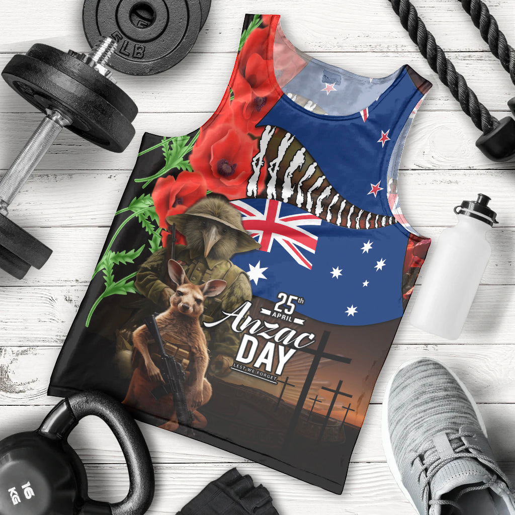 New Zealand and Australia ANZAC Day Men Tank Top National Flag mix Kiwi Bird and Kangaroo Soldier Style