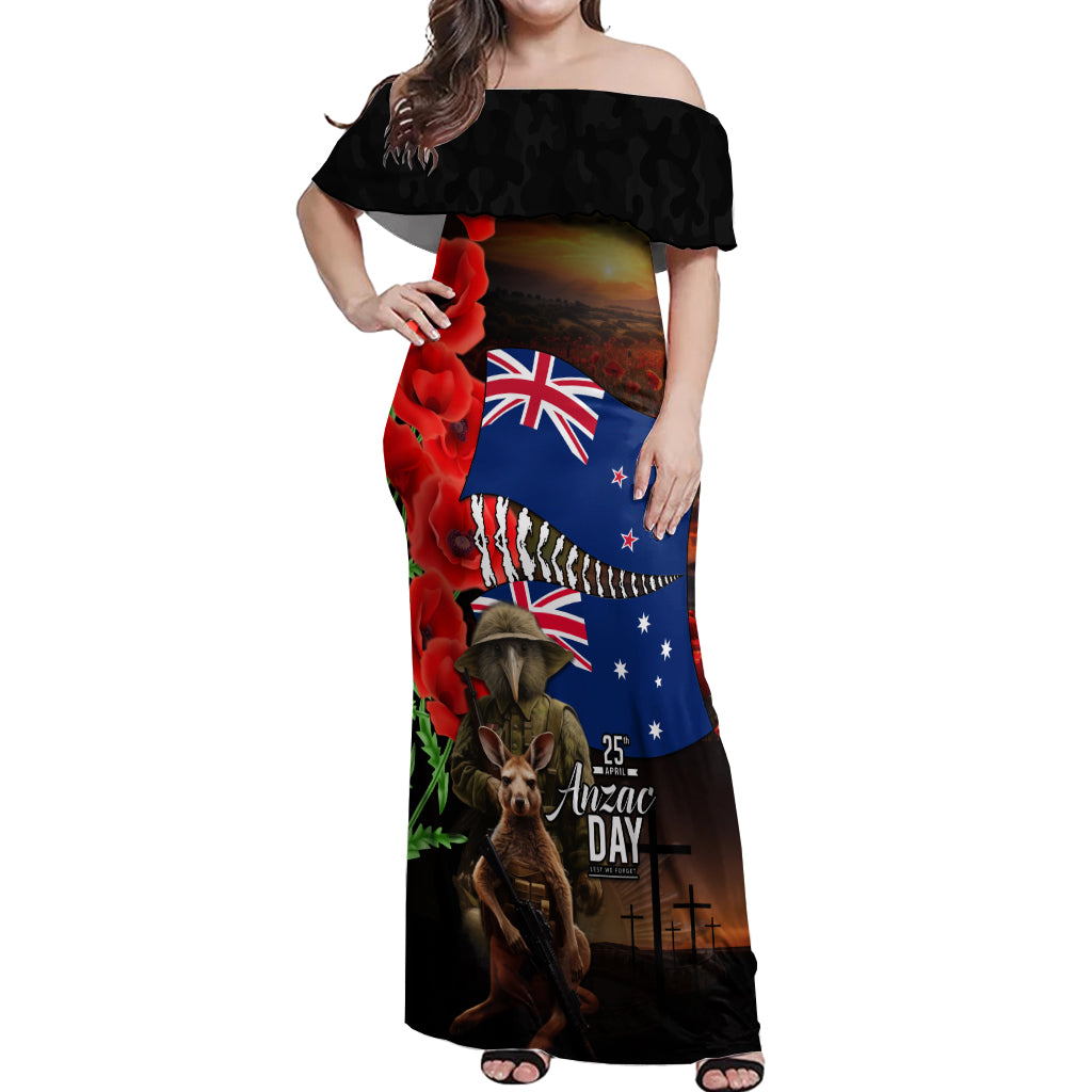 New Zealand and Australia ANZAC Day Off Shoulder Maxi Dress National Flag mix Kiwi Bird and Kangaroo Soldier Style