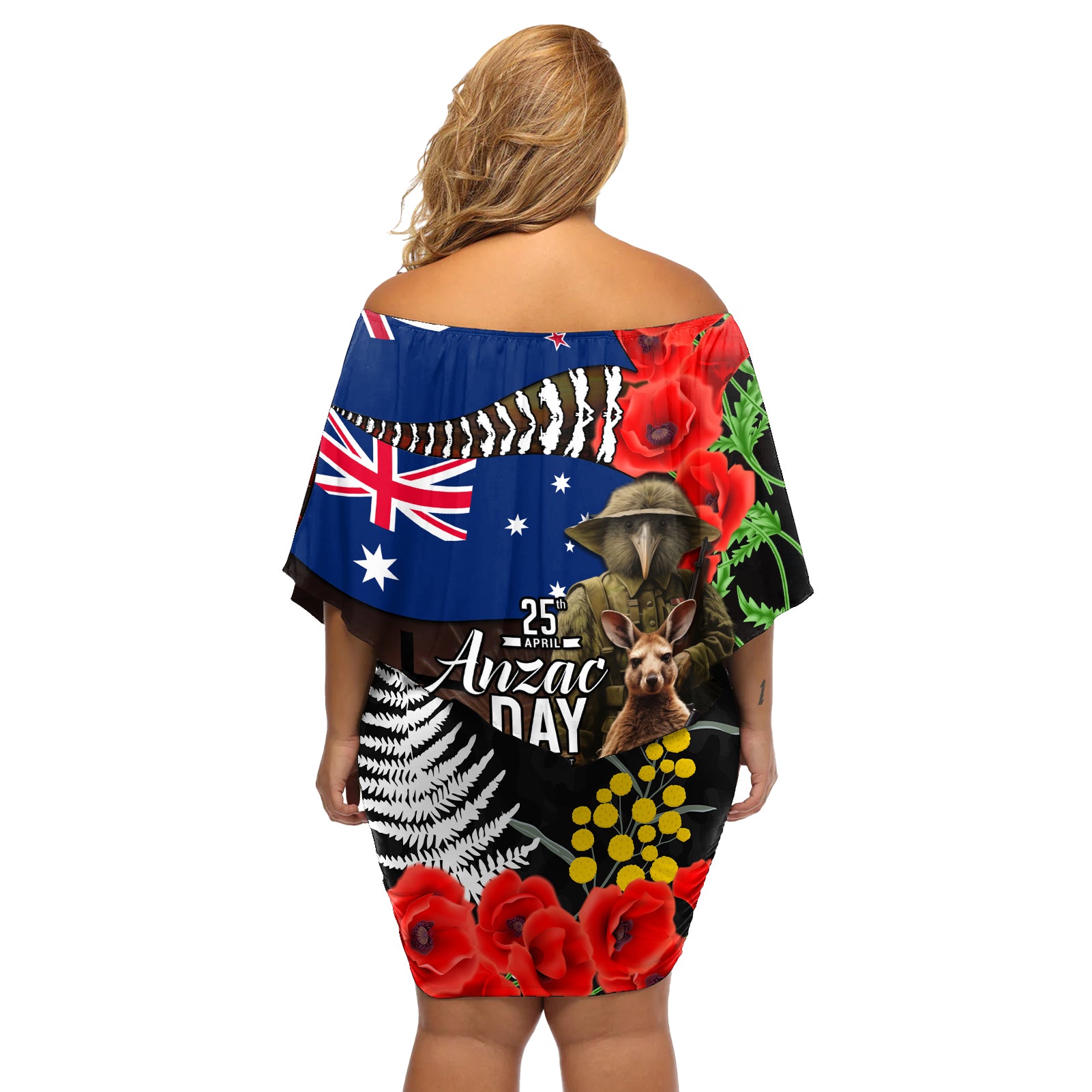 New Zealand and Australia ANZAC Day Off Shoulder Short Dress National Flag mix Kiwi Bird and Kangaroo Soldier Style