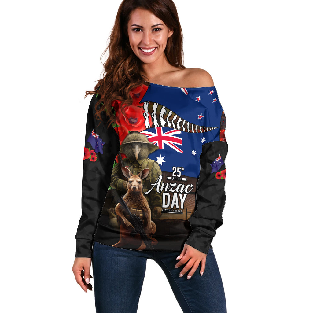 New Zealand and Australia ANZAC Day Off Shoulder Sweater National Flag mix Kiwi Bird and Kangaroo Soldier Style