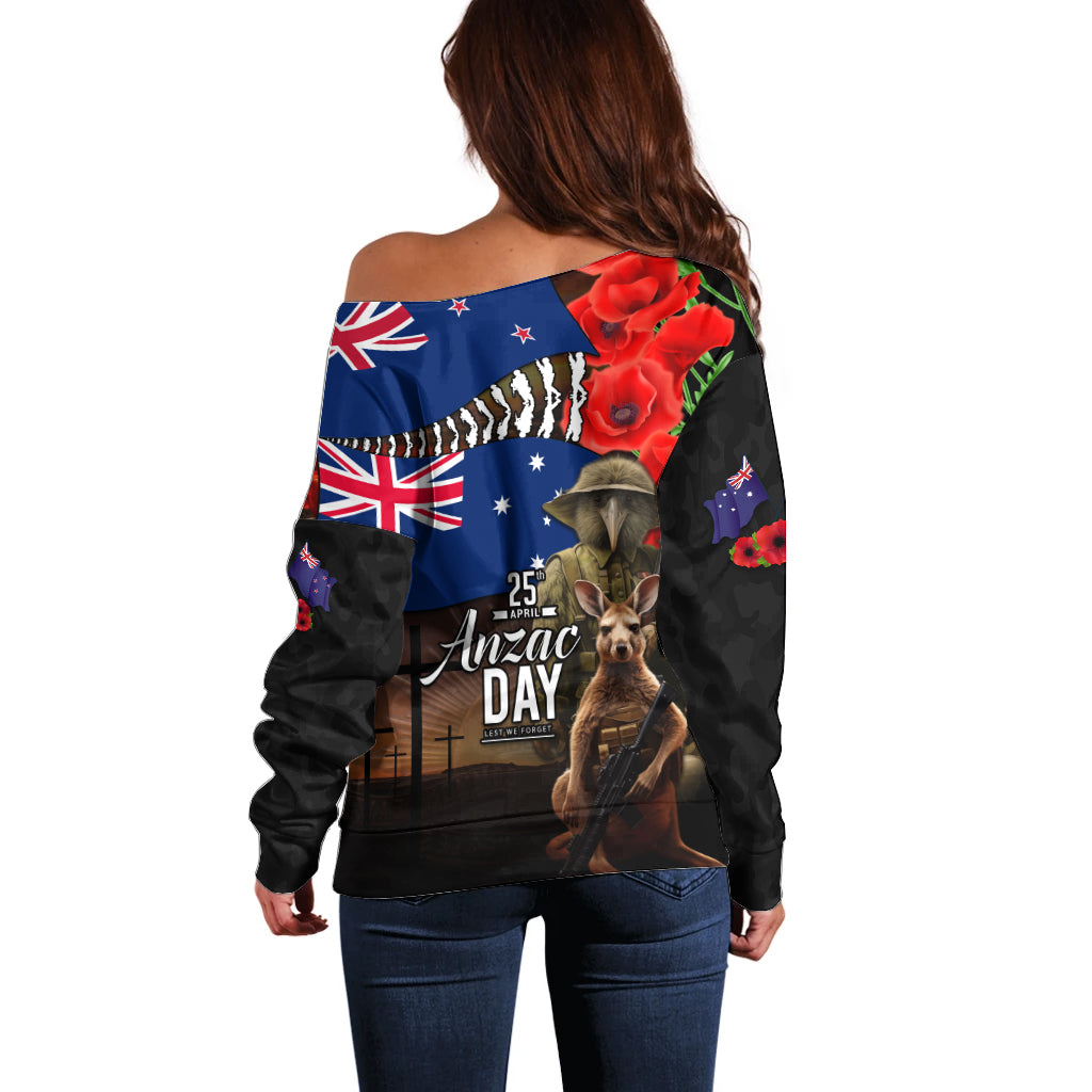 New Zealand and Australia ANZAC Day Off Shoulder Sweater National Flag mix Kiwi Bird and Kangaroo Soldier Style