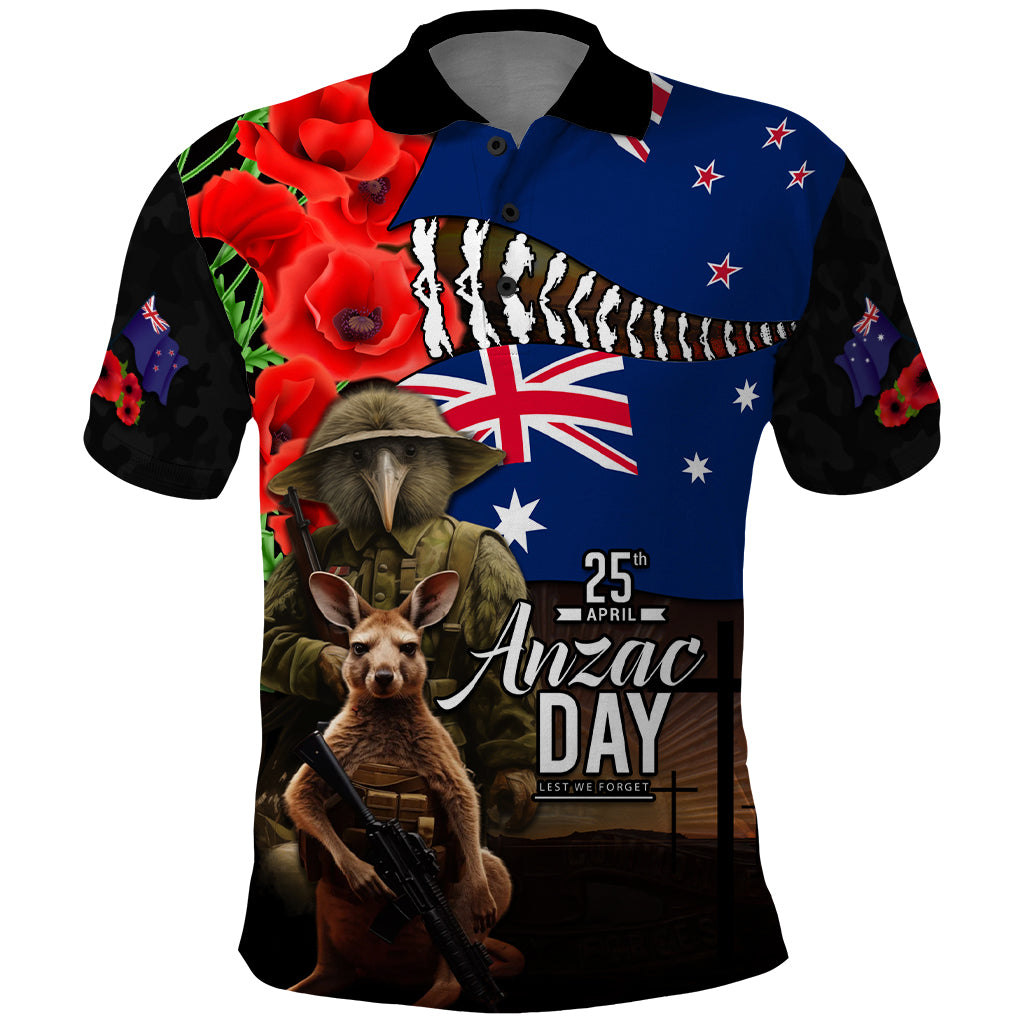 New Zealand and Australia ANZAC Day Polo Shirt National Flag mix Kiwi Bird and Kangaroo Soldier Style