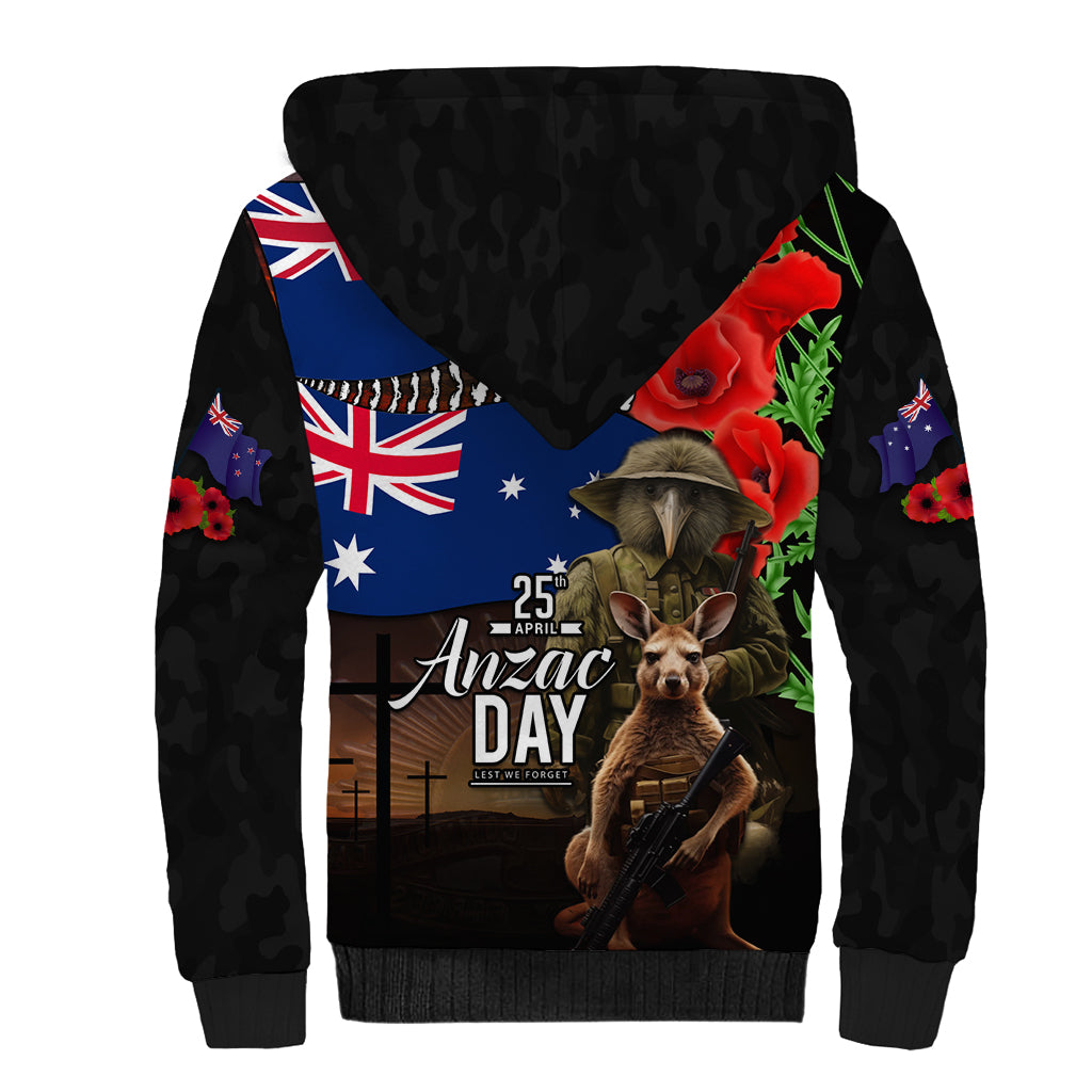 New Zealand and Australia ANZAC Day Sherpa Hoodie National Flag mix Kiwi Bird and Kangaroo Soldier Style