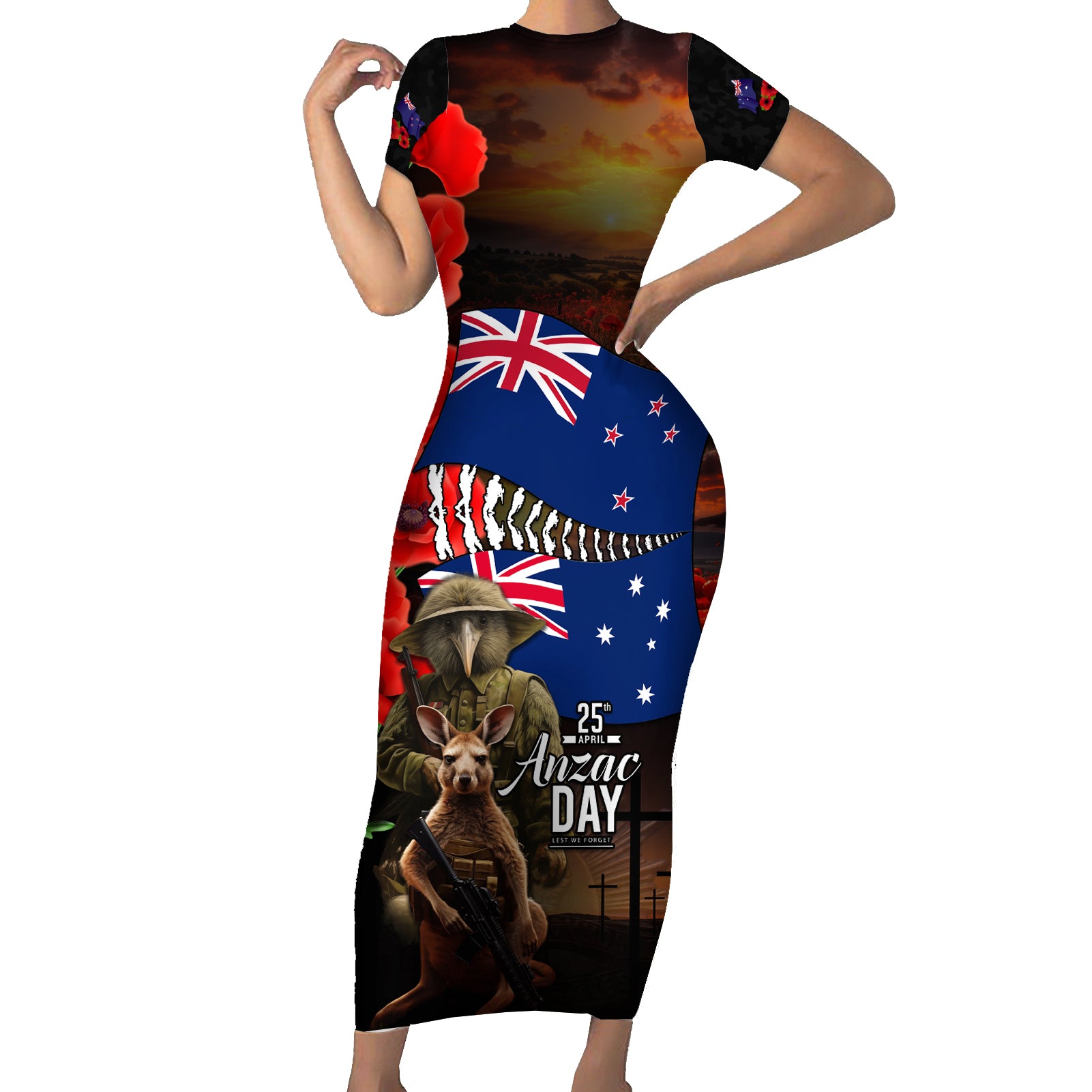 New Zealand and Australia ANZAC Day Short Sleeve Bodycon Dress National Flag mix Kiwi Bird and Kangaroo Soldier Style