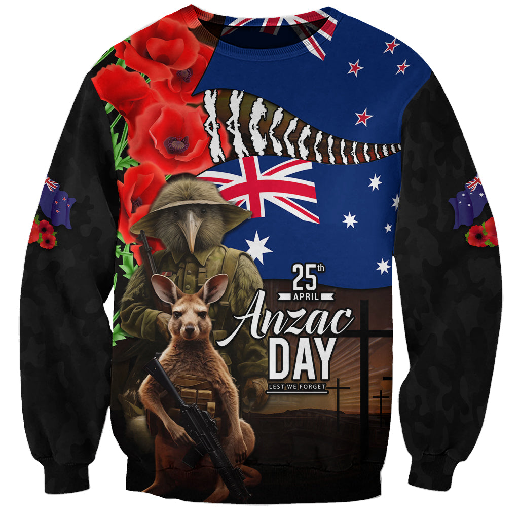 New Zealand and Australia ANZAC Day Sweatshirt National Flag mix Kiwi Bird and Kangaroo Soldier Style