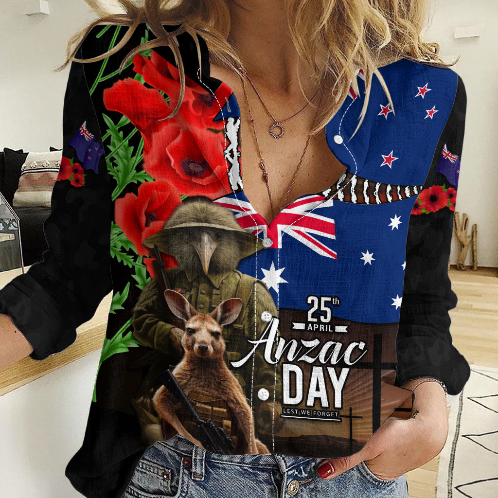 New Zealand and Australia ANZAC Day Women Casual Shirt National Flag mix Kiwi Bird and Kangaroo Soldier Style
