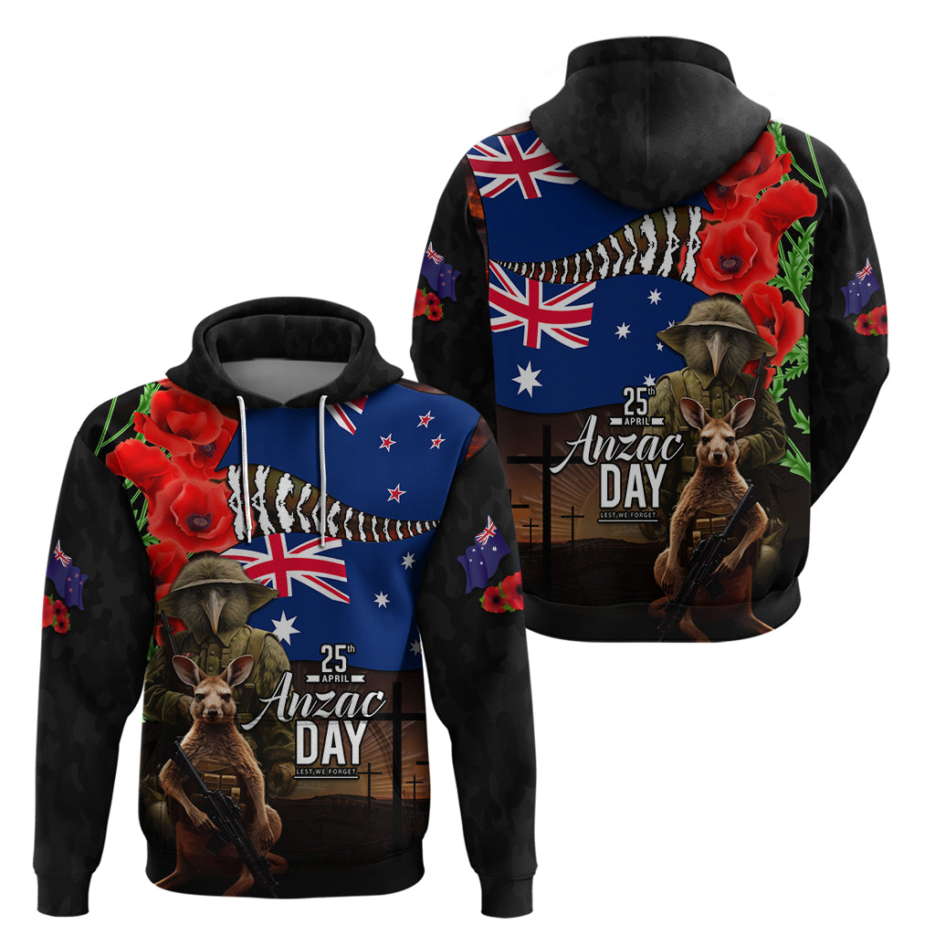 New Zealand and Australia ANZAC Day Zip Hoodie National Flag mix Kiwi Bird and Kangaroo Soldier Style