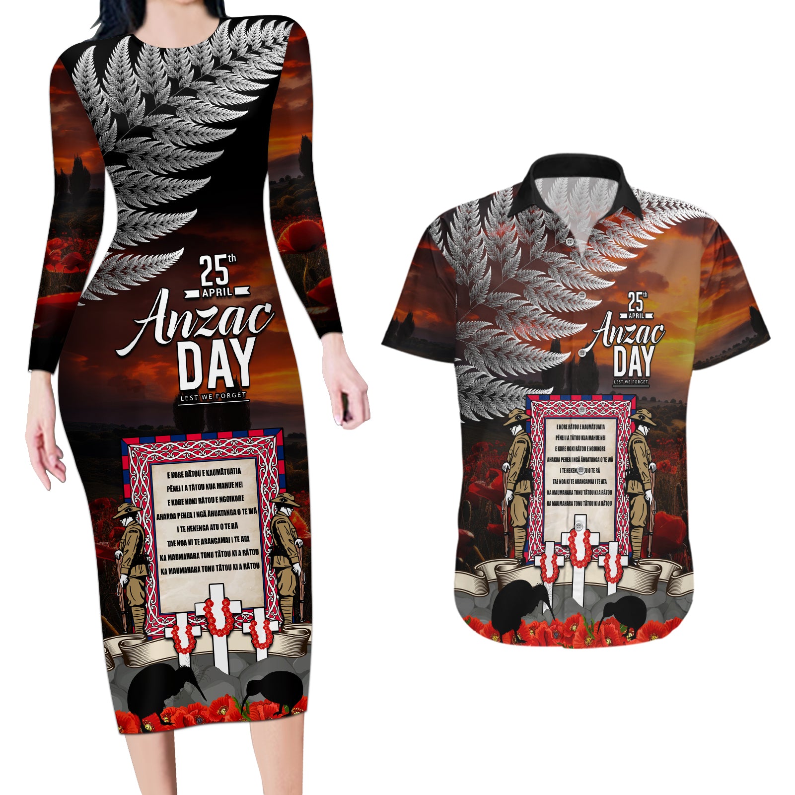 New Zealand ANZAC Day Couples Matching Long Sleeve Bodycon Dress and Hawaiian Shirt The Ode of Remembrance and Silver Fern