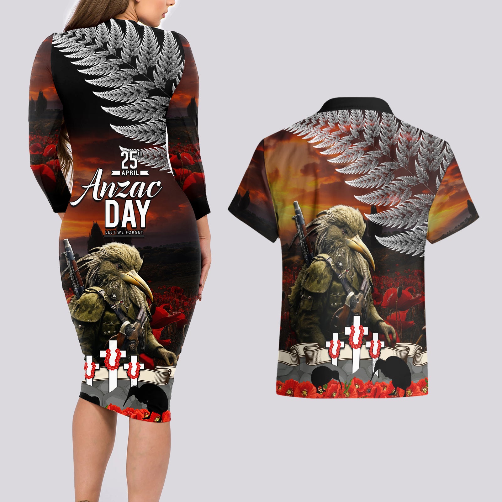 New Zealand ANZAC Day Couples Matching Long Sleeve Bodycon Dress and Hawaiian Shirt The Ode of Remembrance and Silver Fern