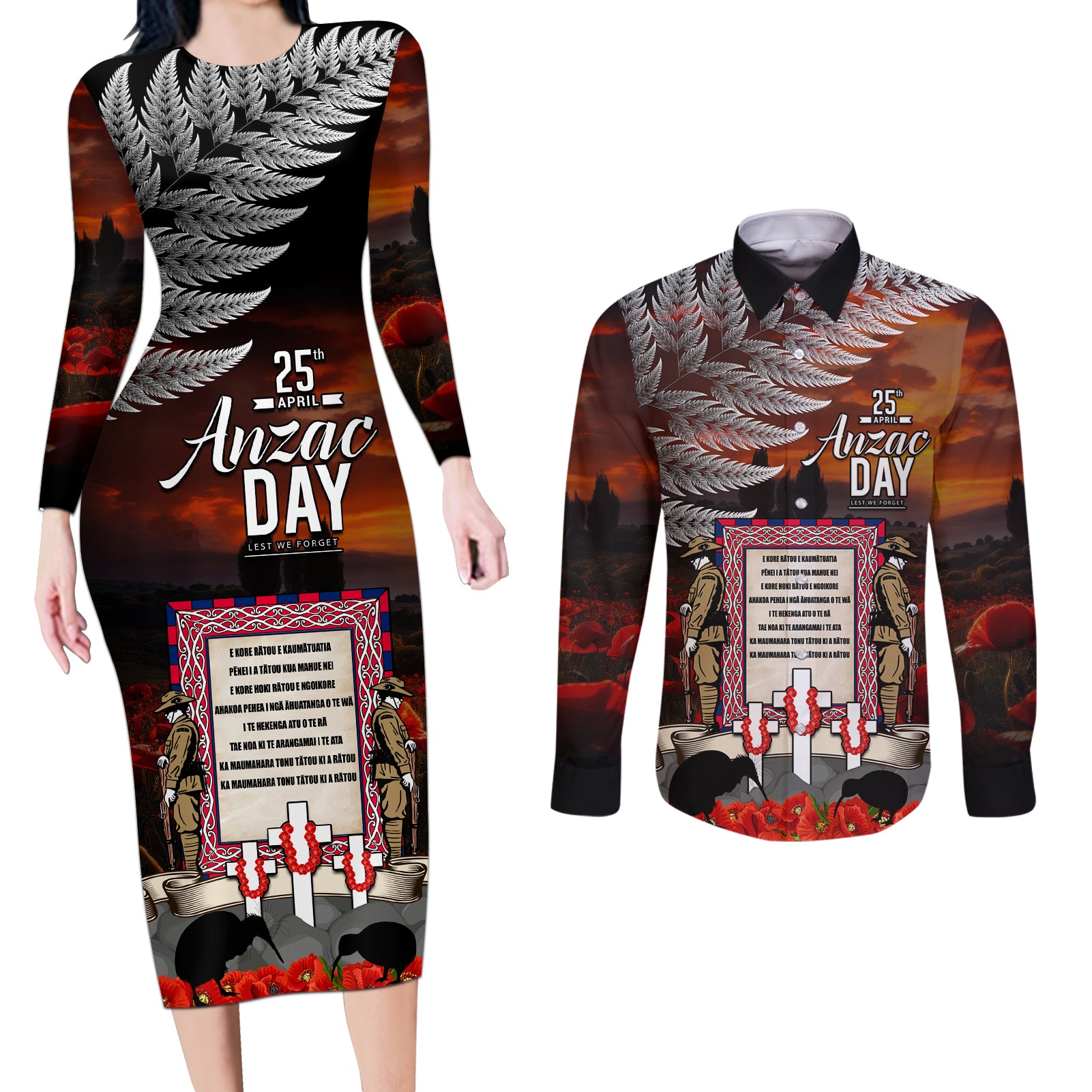 New Zealand ANZAC Day Couples Matching Long Sleeve Bodycon Dress and Long Sleeve Button Shirt The Ode of Remembrance and Silver Fern