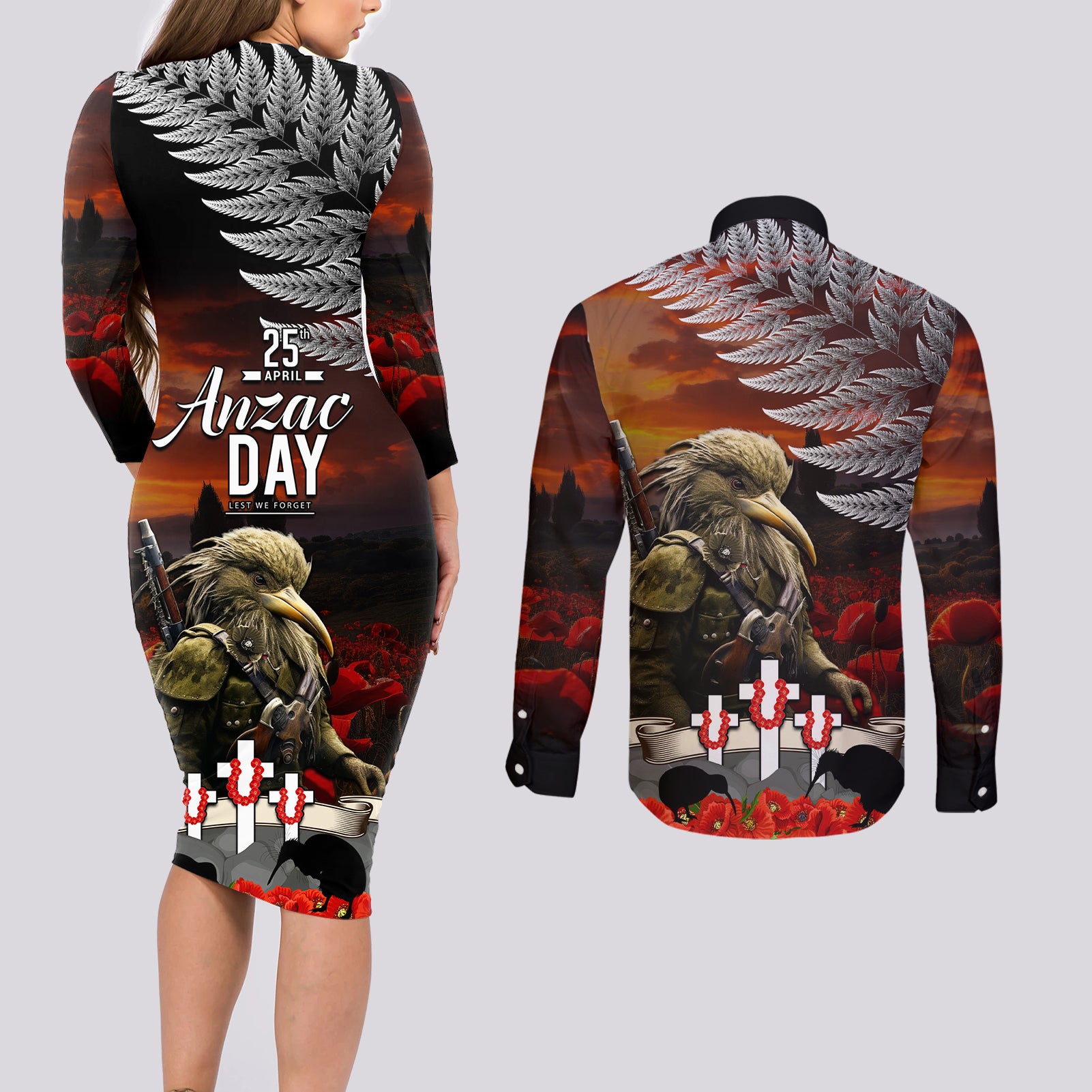 New Zealand ANZAC Day Couples Matching Long Sleeve Bodycon Dress and Long Sleeve Button Shirt The Ode of Remembrance and Silver Fern