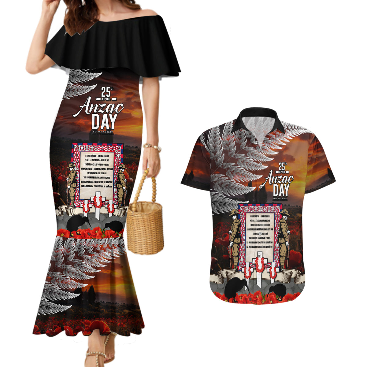 New Zealand ANZAC Day Couples Matching Mermaid Dress and Hawaiian Shirt The Ode of Remembrance and Silver Fern