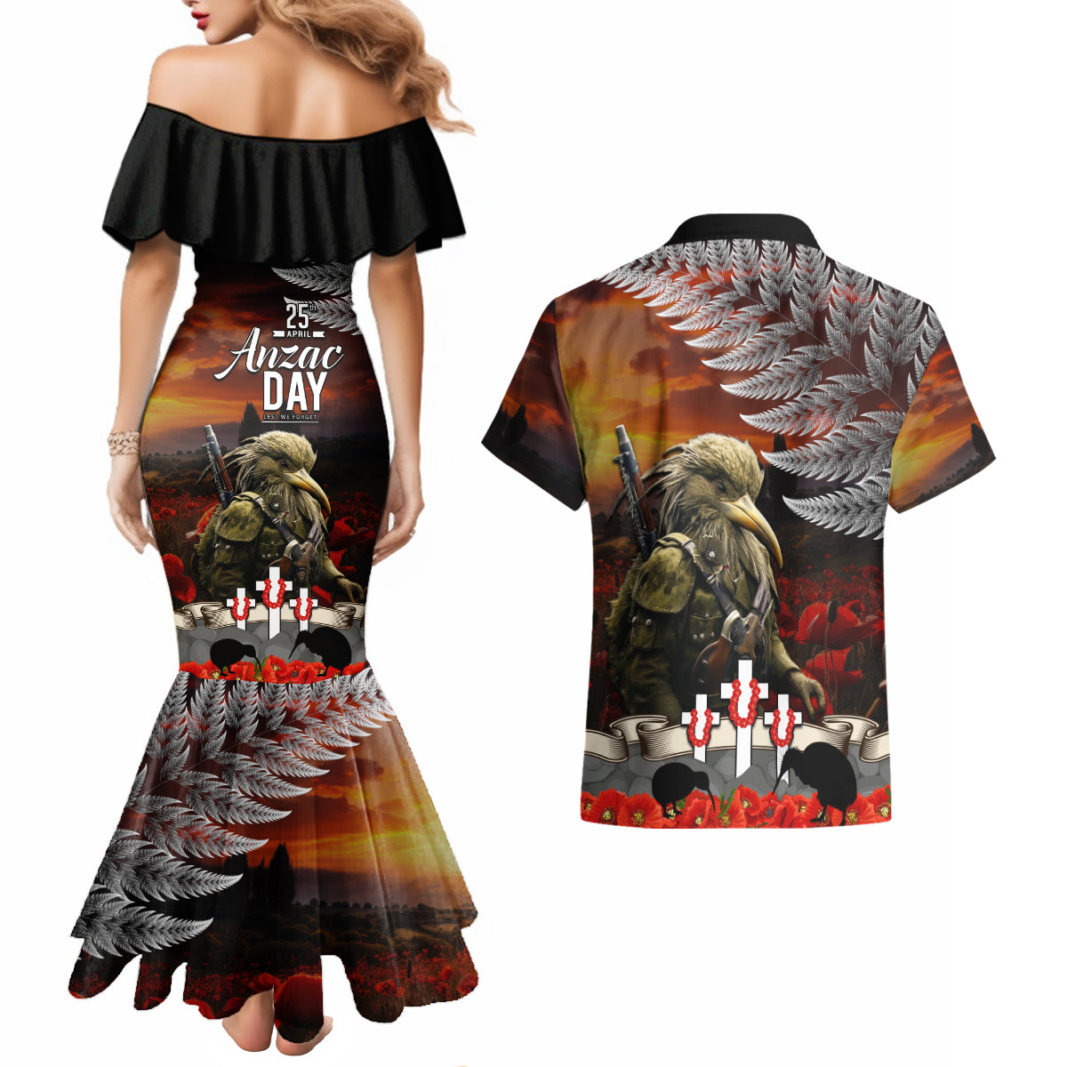 New Zealand ANZAC Day Couples Matching Mermaid Dress and Hawaiian Shirt The Ode of Remembrance and Silver Fern