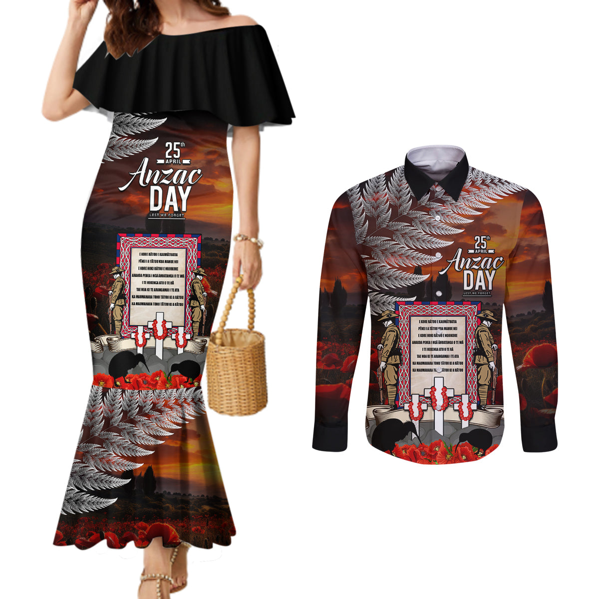 New Zealand ANZAC Day Couples Matching Mermaid Dress and Long Sleeve Button Shirt The Ode of Remembrance and Silver Fern
