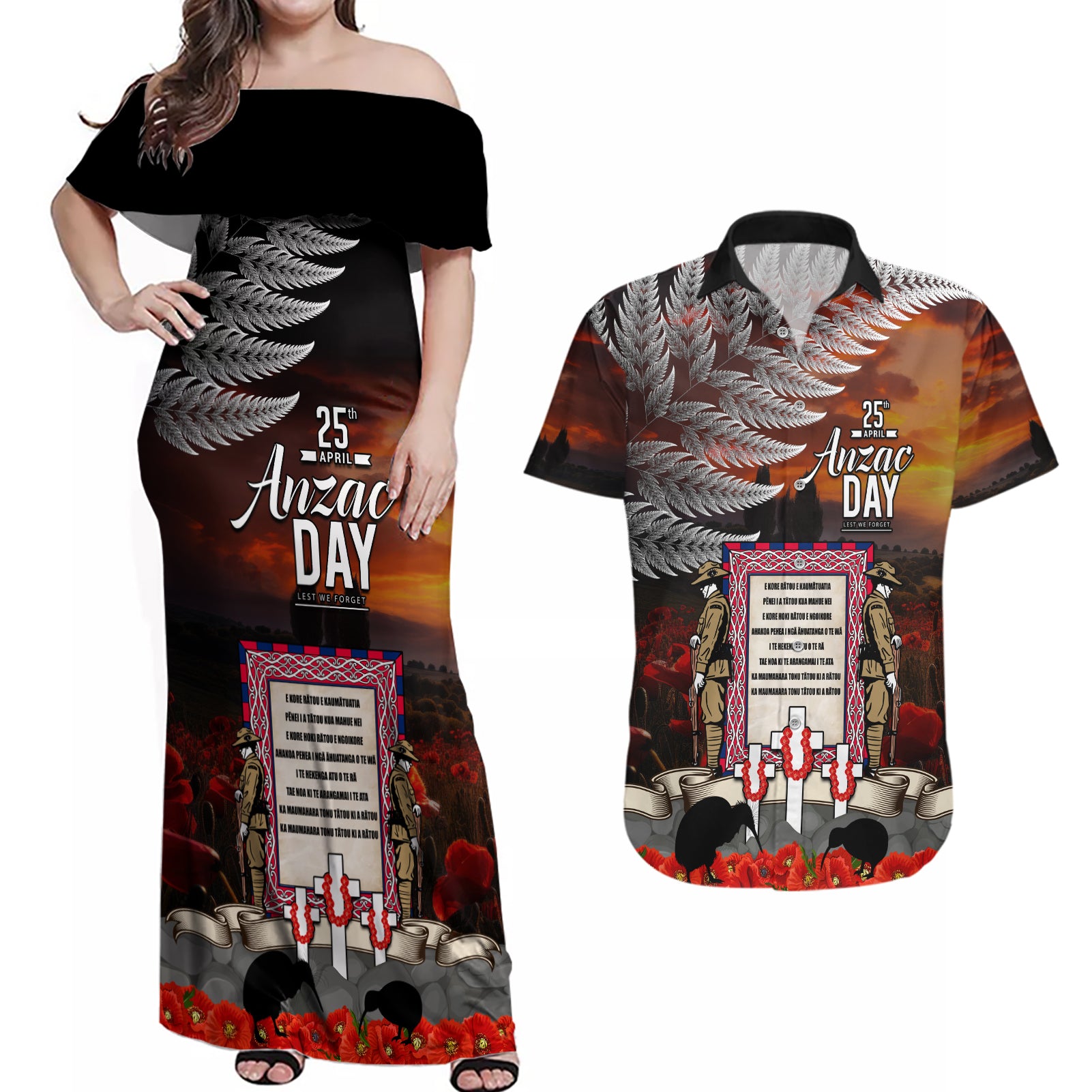 New Zealand ANZAC Day Couples Matching Off Shoulder Maxi Dress and Hawaiian Shirt The Ode of Remembrance and Silver Fern
