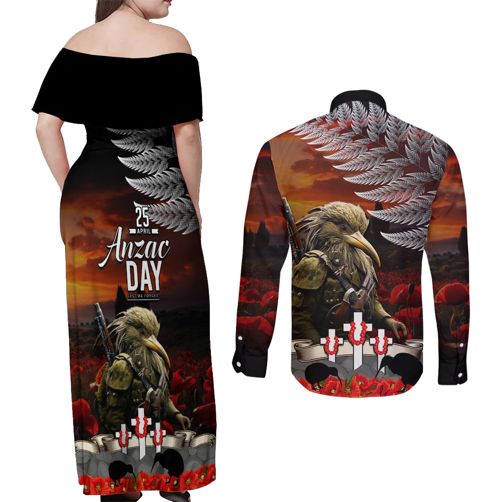 New Zealand ANZAC Day Couples Matching Off Shoulder Maxi Dress and Long Sleeve Button Shirt The Ode of Remembrance and Silver Fern