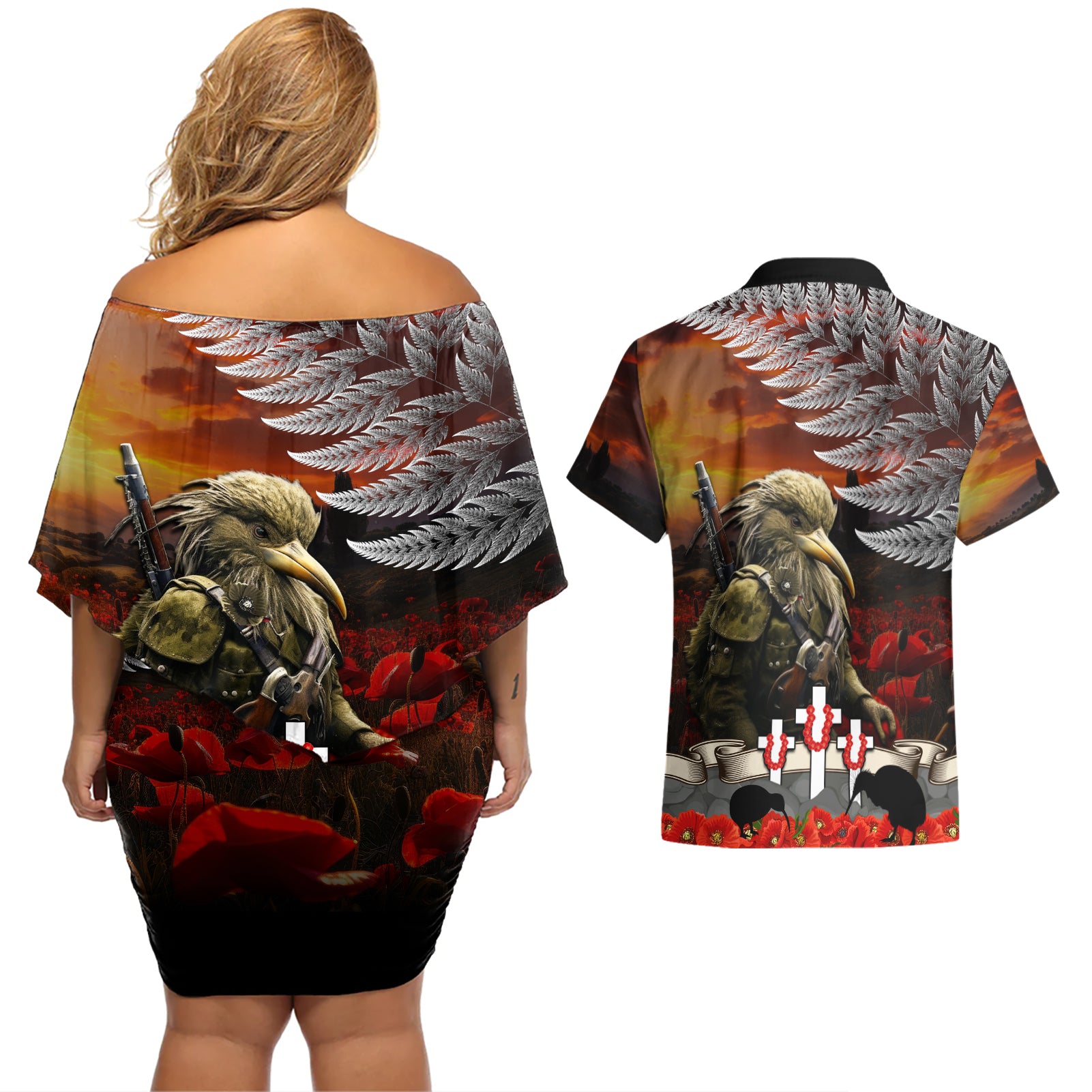 New Zealand ANZAC Day Couples Matching Off Shoulder Short Dress and Hawaiian Shirt The Ode of Remembrance and Silver Fern