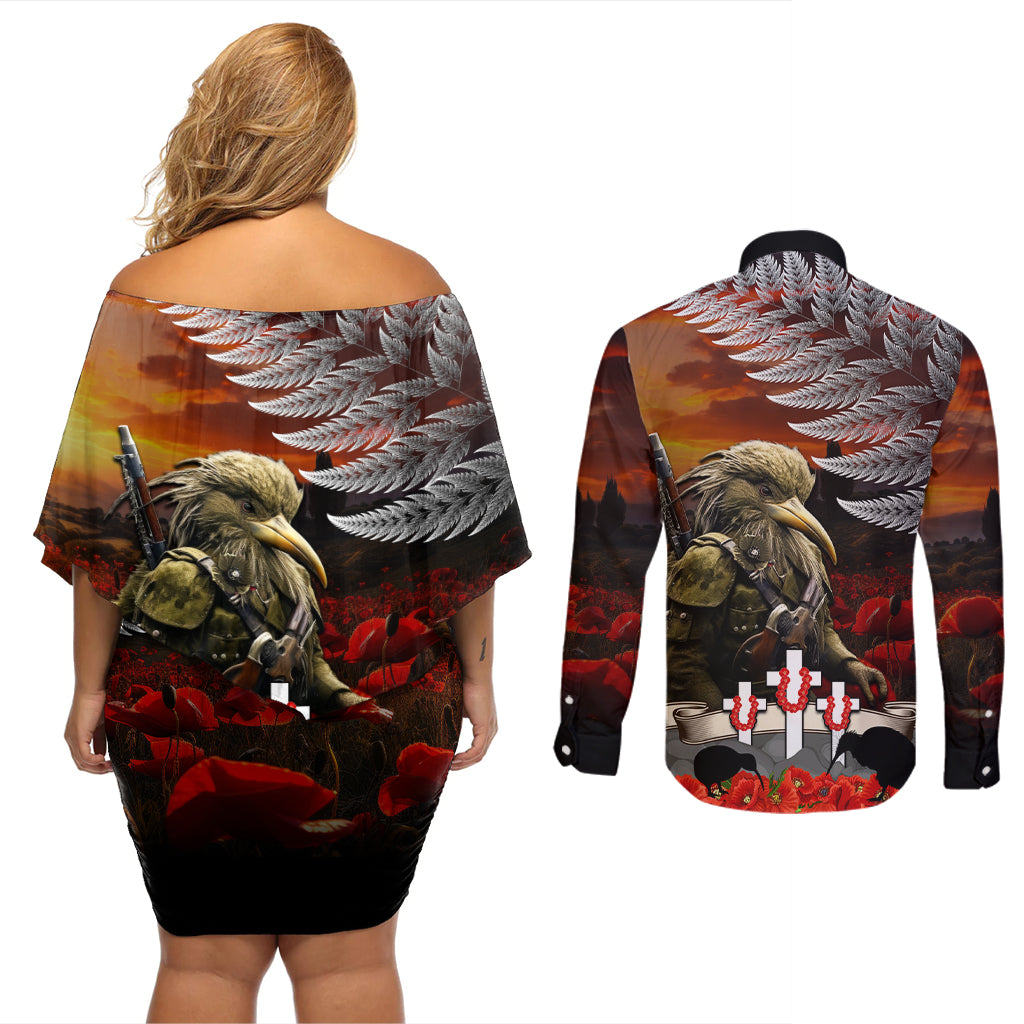 New Zealand ANZAC Day Couples Matching Off Shoulder Short Dress and Long Sleeve Button Shirt The Ode of Remembrance and Silver Fern
