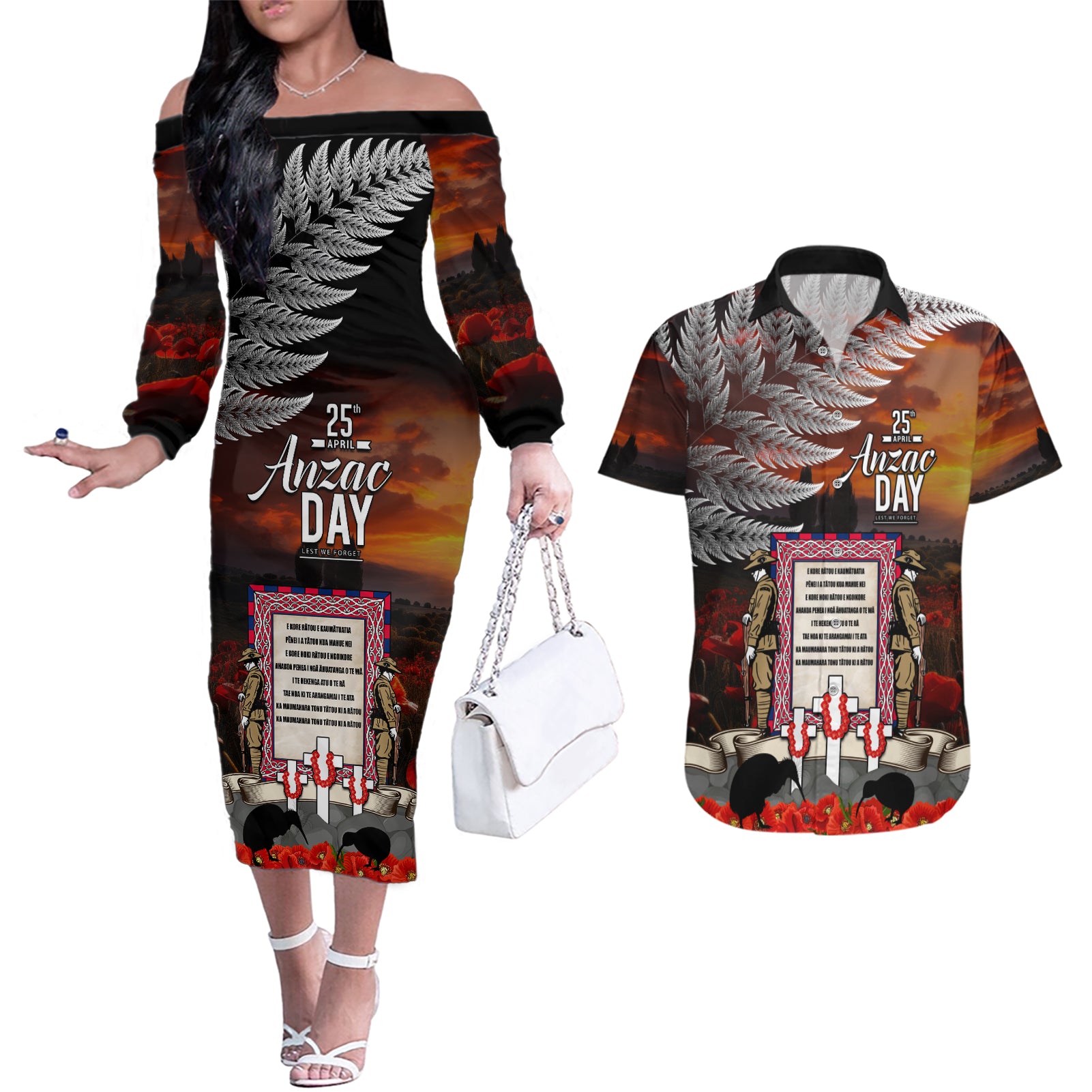 New Zealand ANZAC Day Couples Matching Off The Shoulder Long Sleeve Dress and Hawaiian Shirt The Ode of Remembrance and Silver Fern