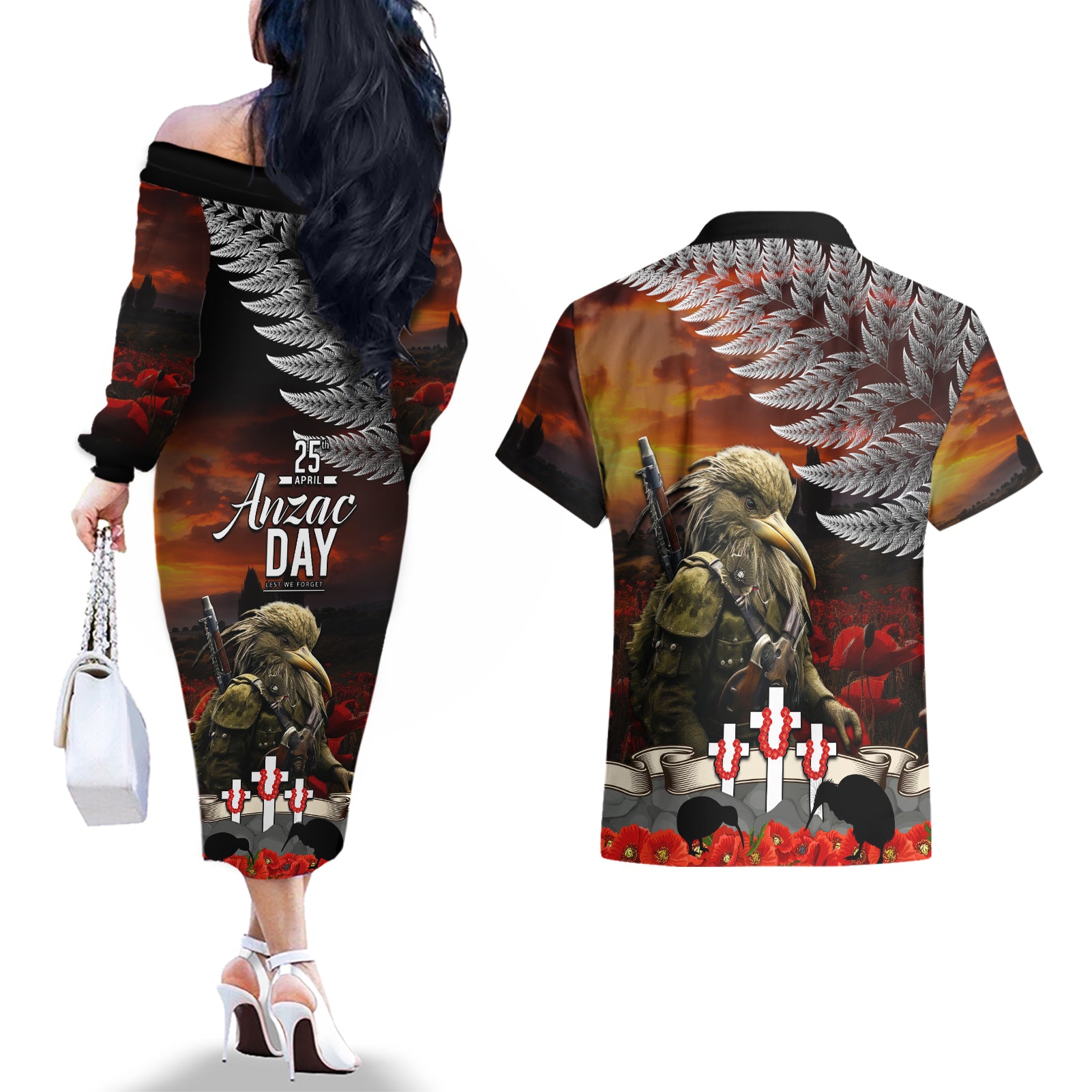 New Zealand ANZAC Day Couples Matching Off The Shoulder Long Sleeve Dress and Hawaiian Shirt The Ode of Remembrance and Silver Fern