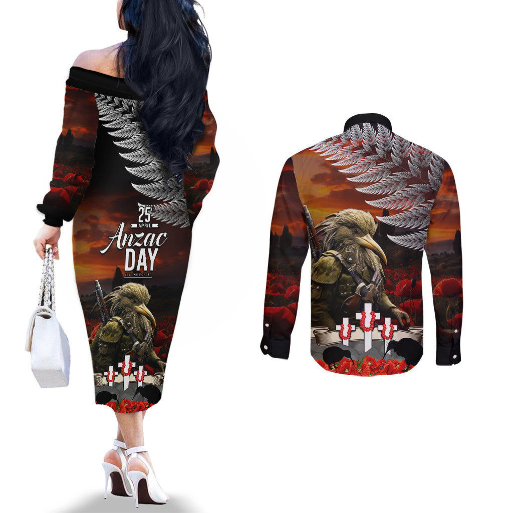 New Zealand ANZAC Day Couples Matching Off The Shoulder Long Sleeve Dress and Long Sleeve Button Shirt The Ode of Remembrance and Silver Fern