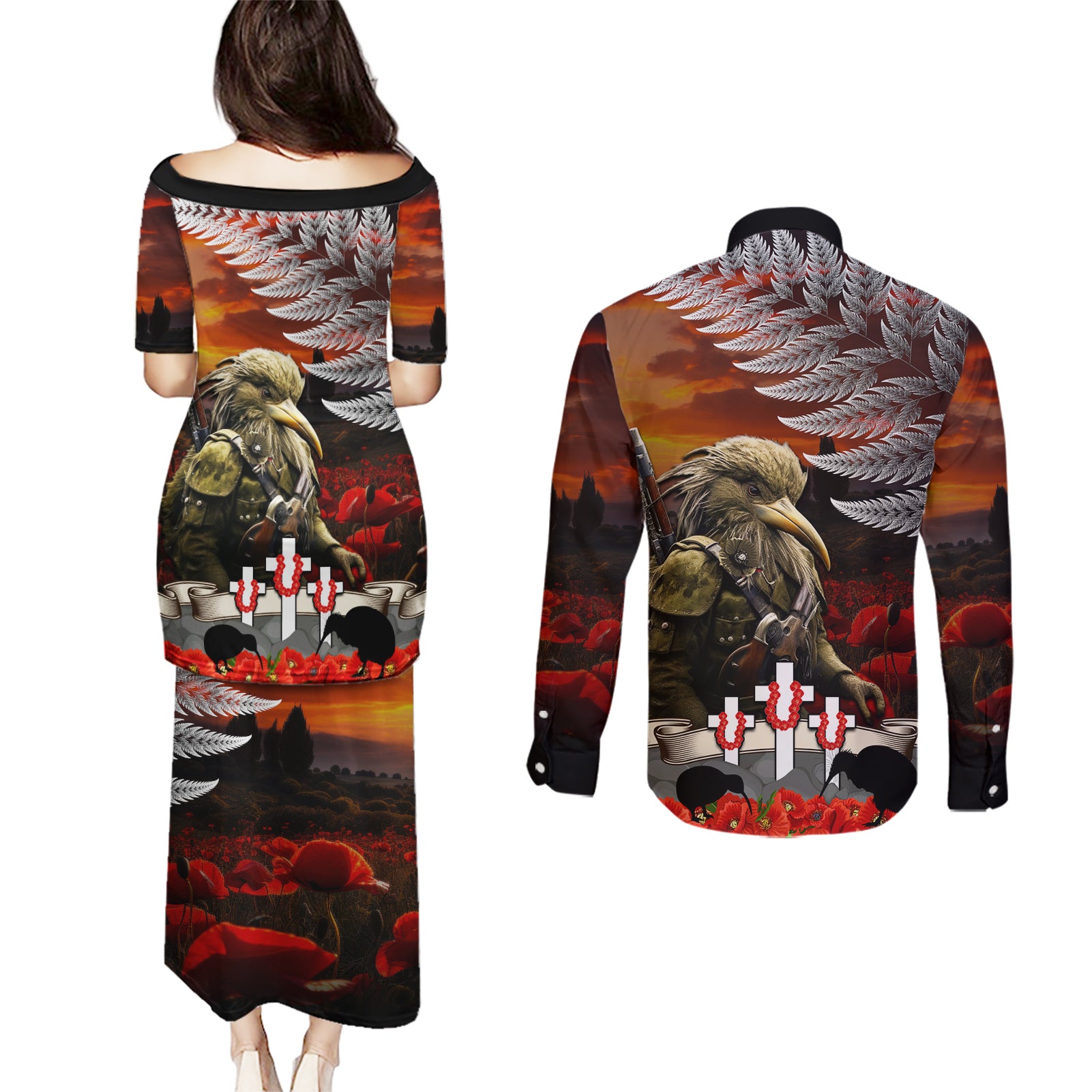 New Zealand ANZAC Day Couples Matching Puletasi and Long Sleeve Button Shirt The Ode of Remembrance and Silver Fern