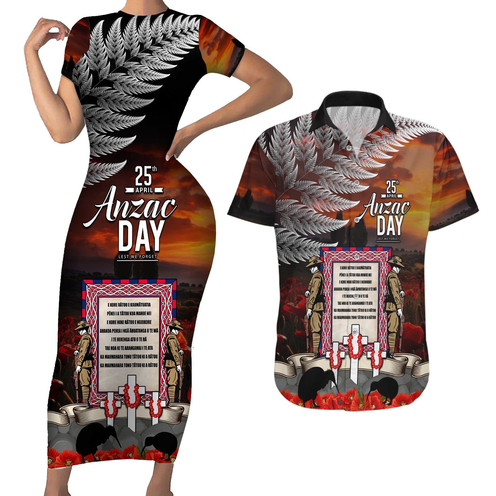 New Zealand ANZAC Day Couples Matching Short Sleeve Bodycon Dress and Hawaiian Shirt The Ode of Remembrance and Silver Fern