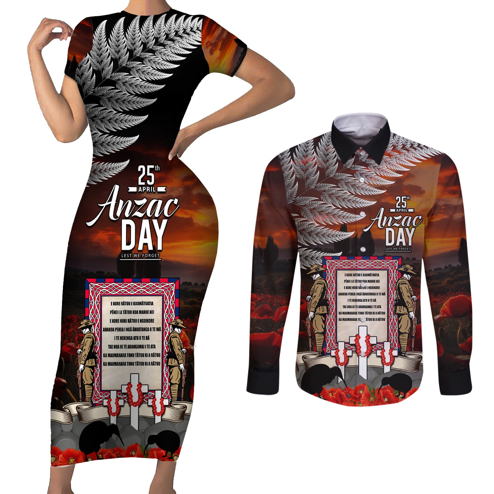 New Zealand ANZAC Day Couples Matching Short Sleeve Bodycon Dress and Long Sleeve Button Shirt The Ode of Remembrance and Silver Fern