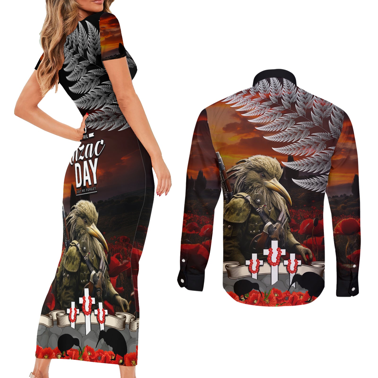 New Zealand ANZAC Day Couples Matching Short Sleeve Bodycon Dress and Long Sleeve Button Shirt The Ode of Remembrance and Silver Fern