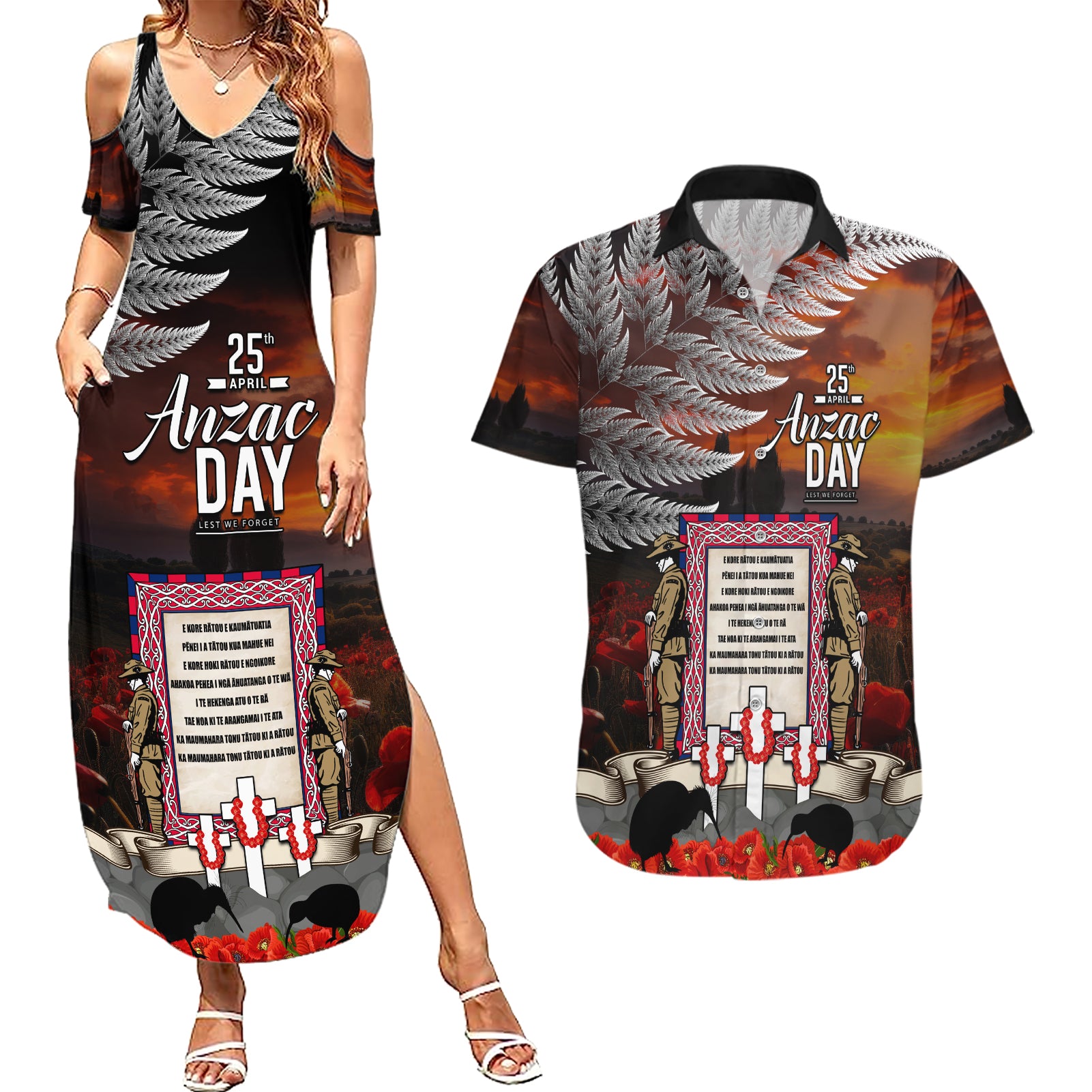 New Zealand ANZAC Day Couples Matching Summer Maxi Dress and Hawaiian Shirt The Ode of Remembrance and Silver Fern