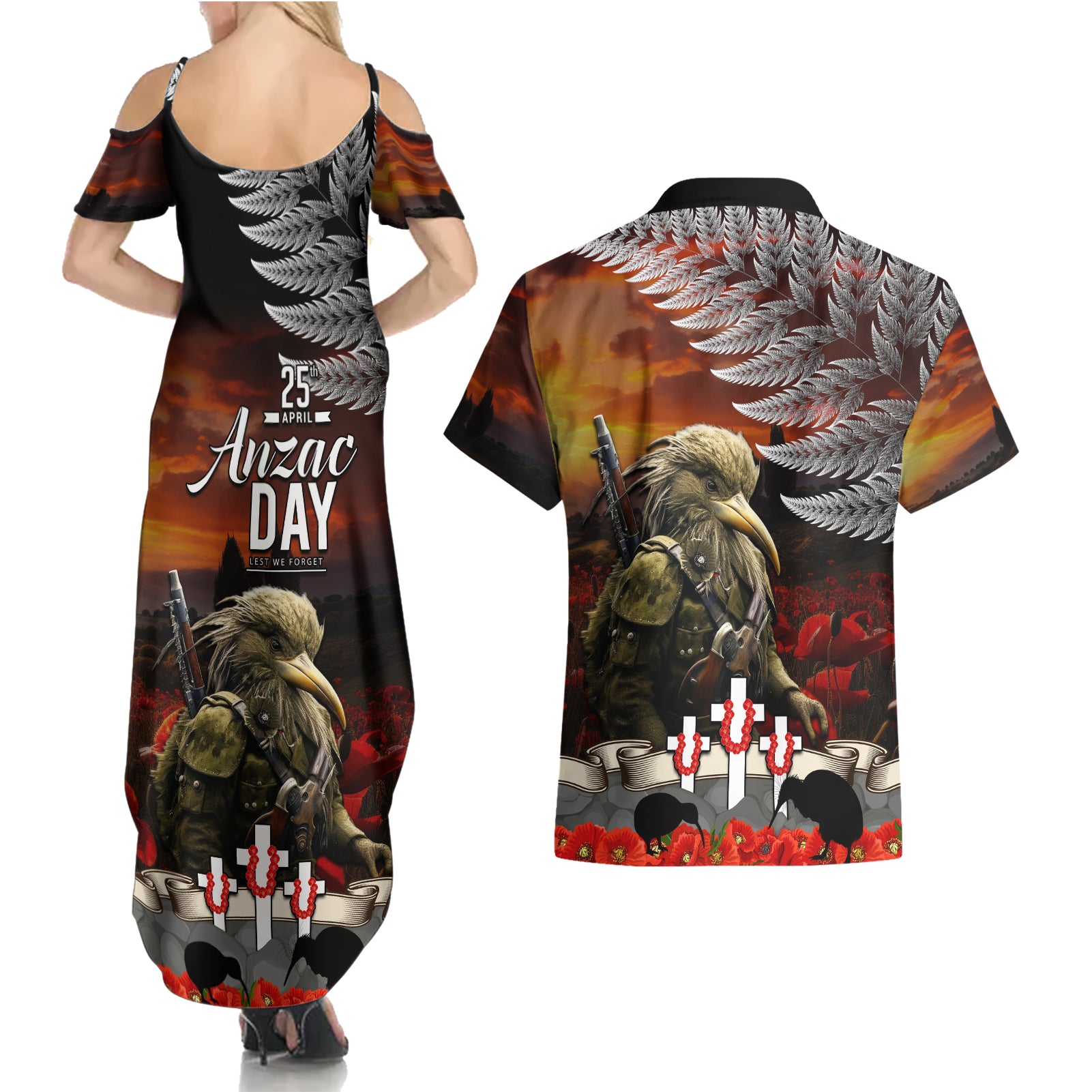 New Zealand ANZAC Day Couples Matching Summer Maxi Dress and Hawaiian Shirt The Ode of Remembrance and Silver Fern