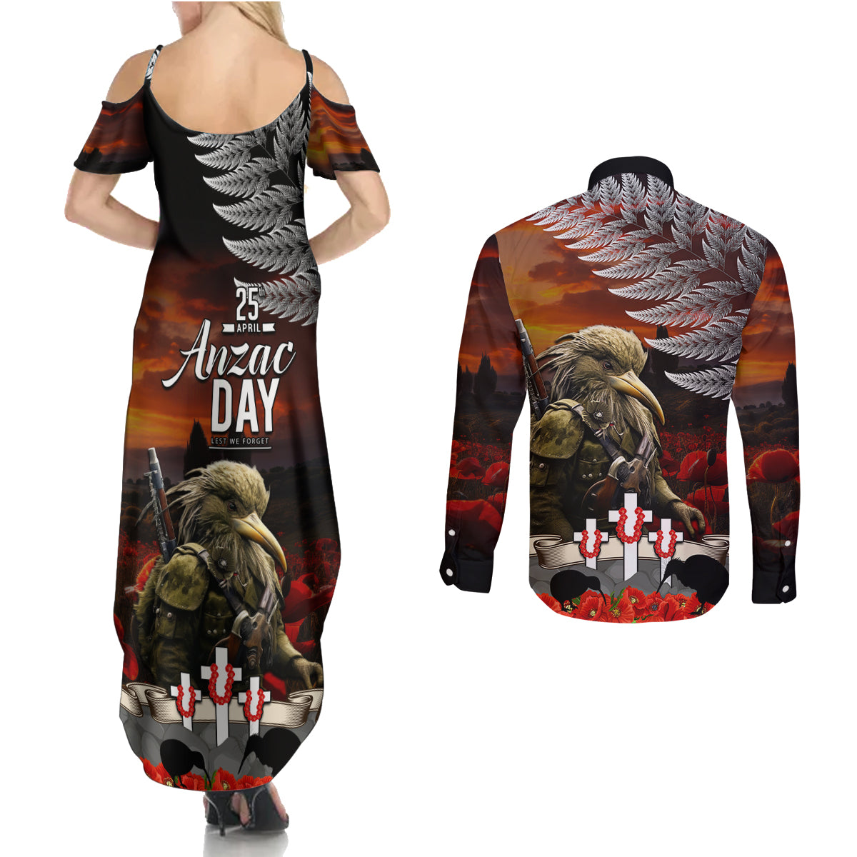 New Zealand ANZAC Day Couples Matching Summer Maxi Dress and Long Sleeve Button Shirt The Ode of Remembrance and Silver Fern