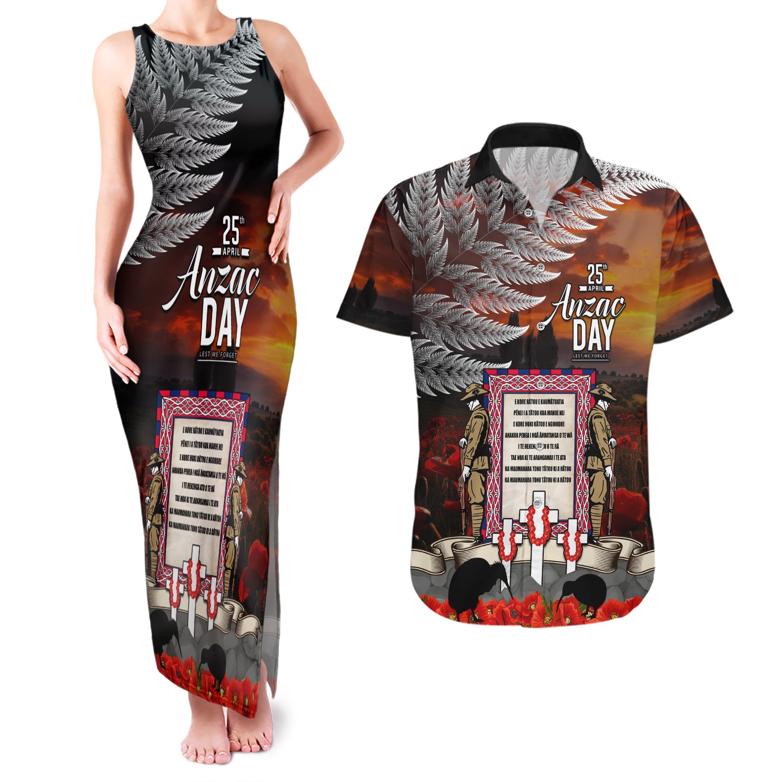 New Zealand ANZAC Day Couples Matching Tank Maxi Dress and Hawaiian Shirt The Ode of Remembrance and Silver Fern