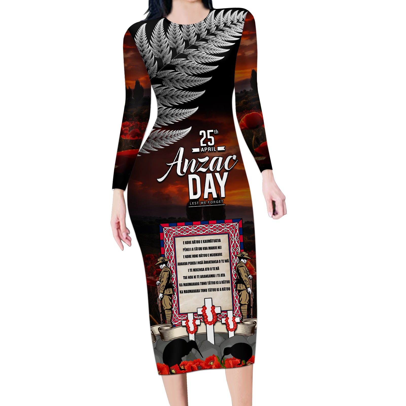 New Zealand ANZAC Day Long Sleeve Bodycon Dress The Ode of Remembrance and Silver Fern