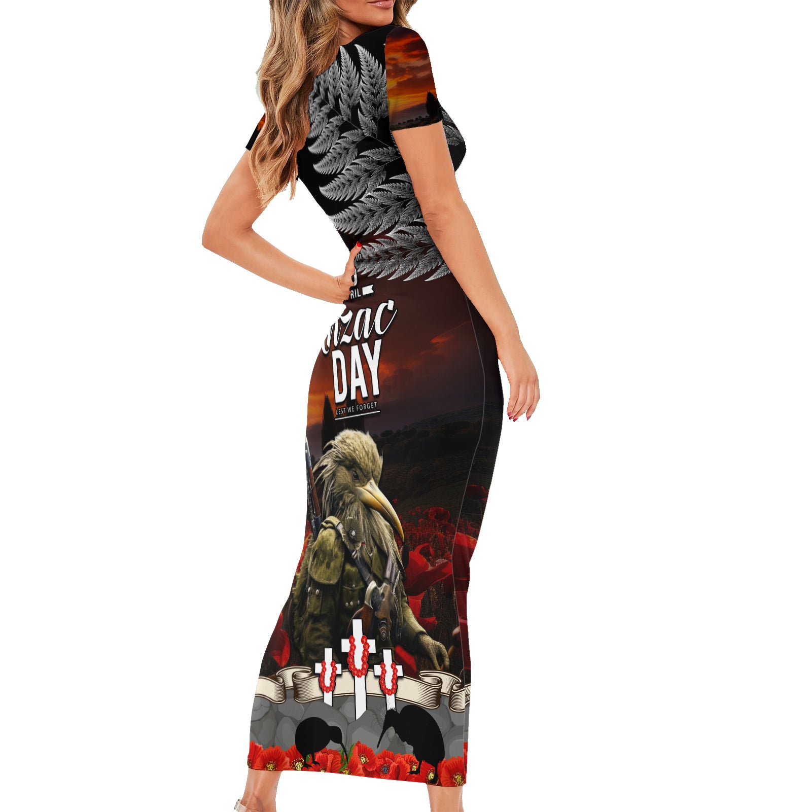 New Zealand ANZAC Day Short Sleeve Bodycon Dress The Ode of Remembrance and Silver Fern
