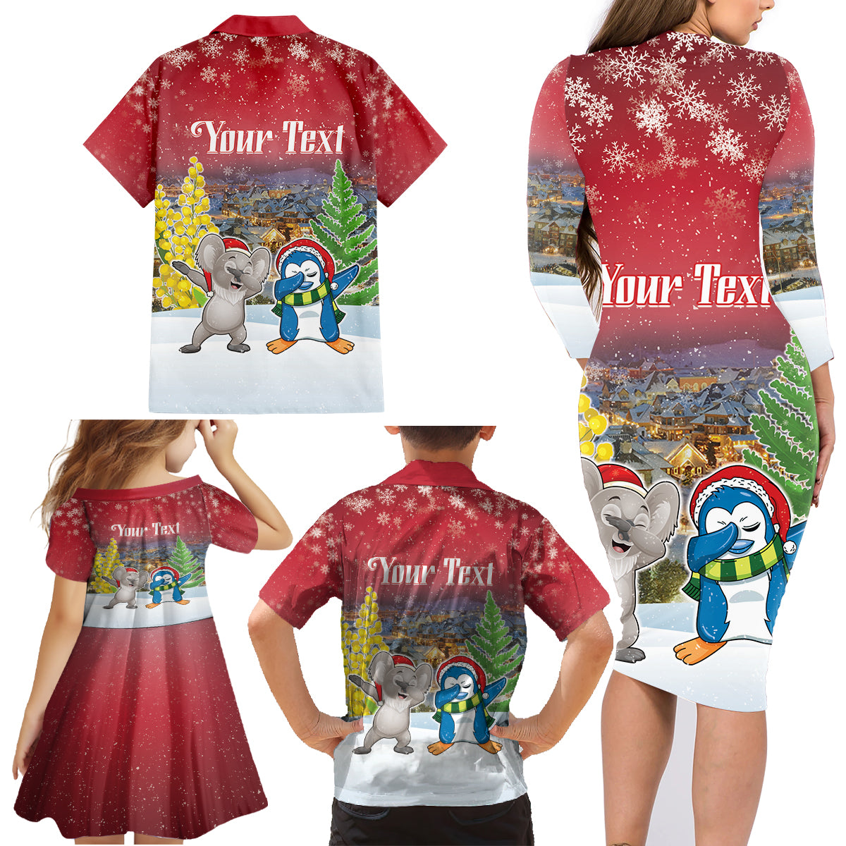 Personalised Christmas In July Family Matching Long Sleeve Bodycon Dress and Hawaiian Shirt Funny Dabbing Dance Koala And Blue Penguins