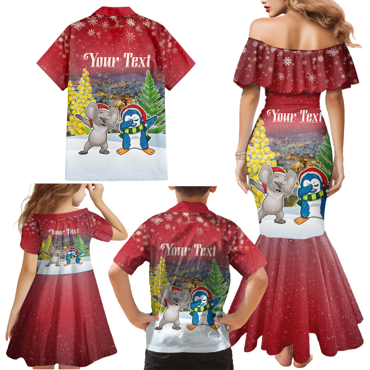 Personalised Christmas In July Family Matching Mermaid Dress and Hawaiian Shirt Funny Dabbing Dance Koala And Blue Penguins