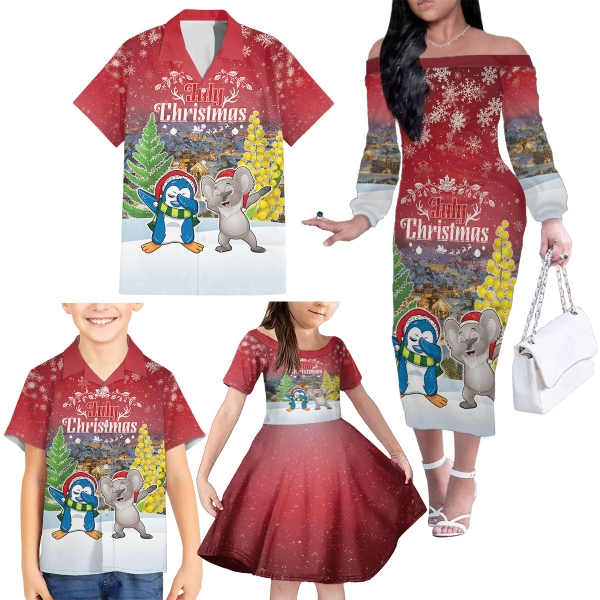 Personalised Christmas In July Family Matching Off The Shoulder Long Sleeve Dress and Hawaiian Shirt Funny Dabbing Dance Koala And Blue Penguins