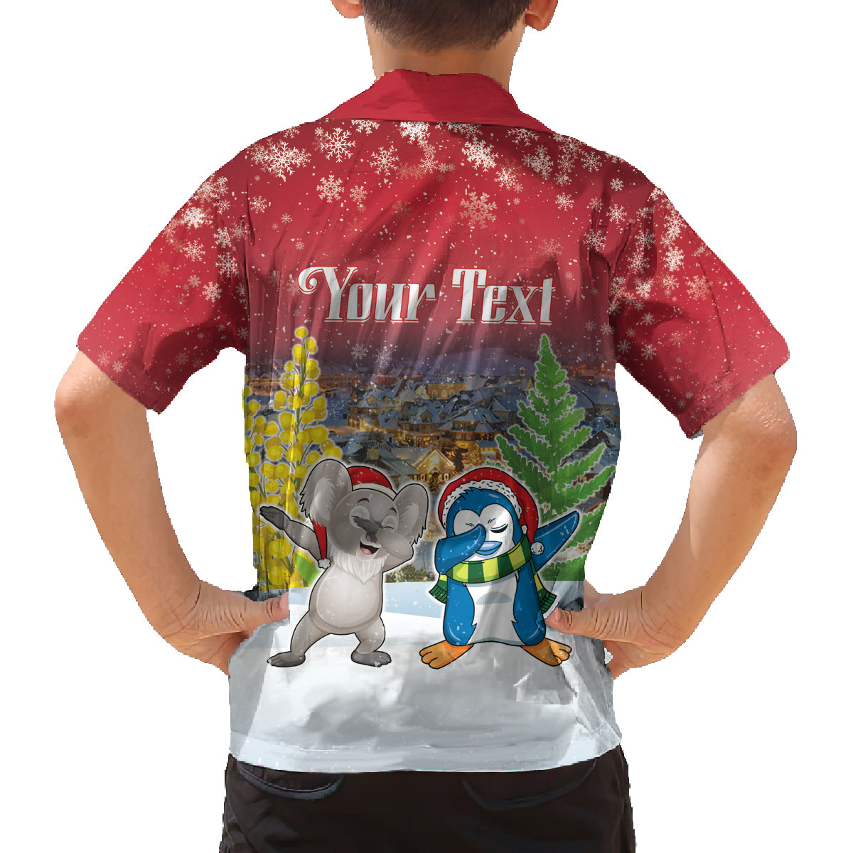 Personalised Christmas In July Family Matching Off The Shoulder Long Sleeve Dress and Hawaiian Shirt Funny Dabbing Dance Koala And Blue Penguins
