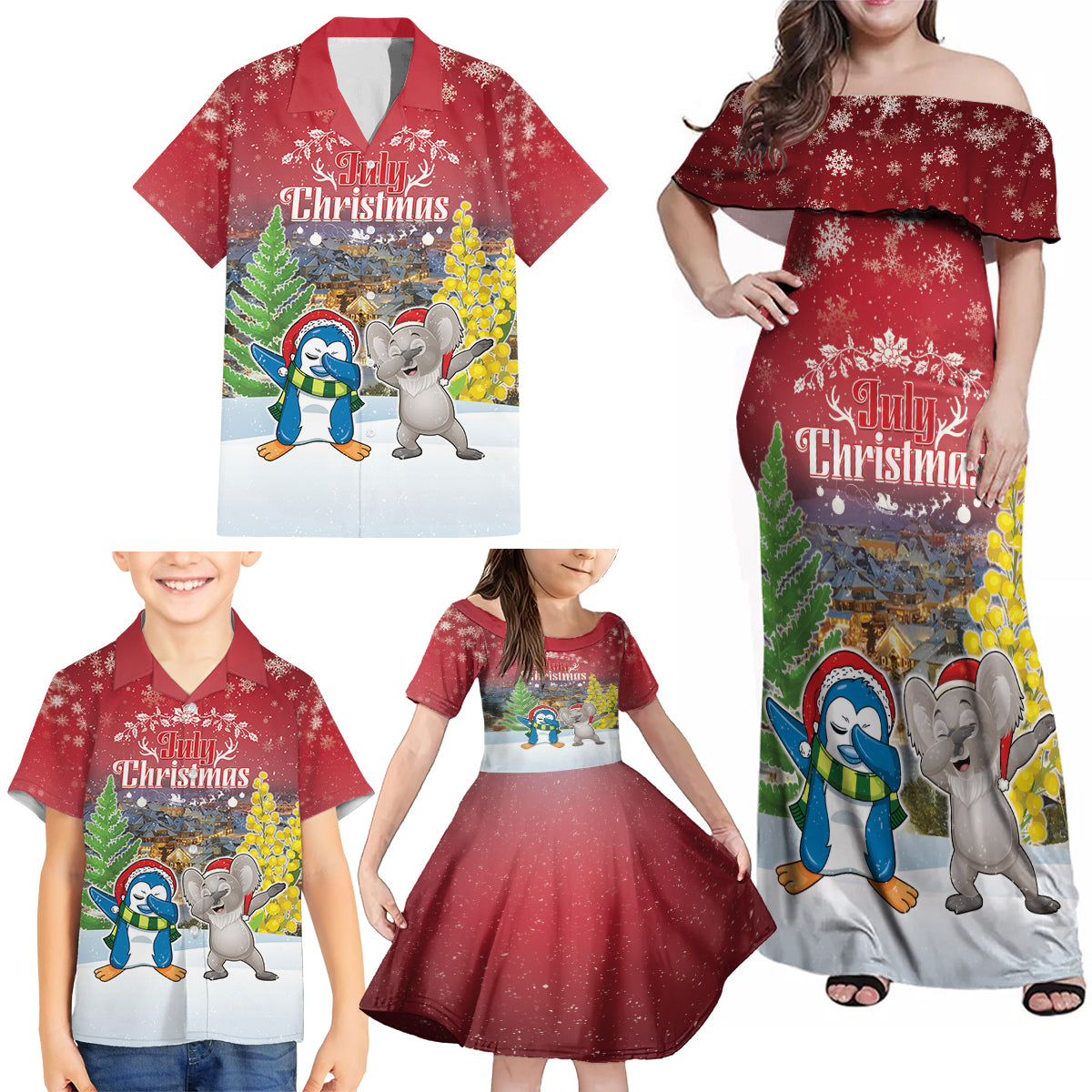 Personalised Christmas In July Family Matching Off Shoulder Maxi Dress and Hawaiian Shirt Funny Dabbing Dance Koala And Blue Penguins